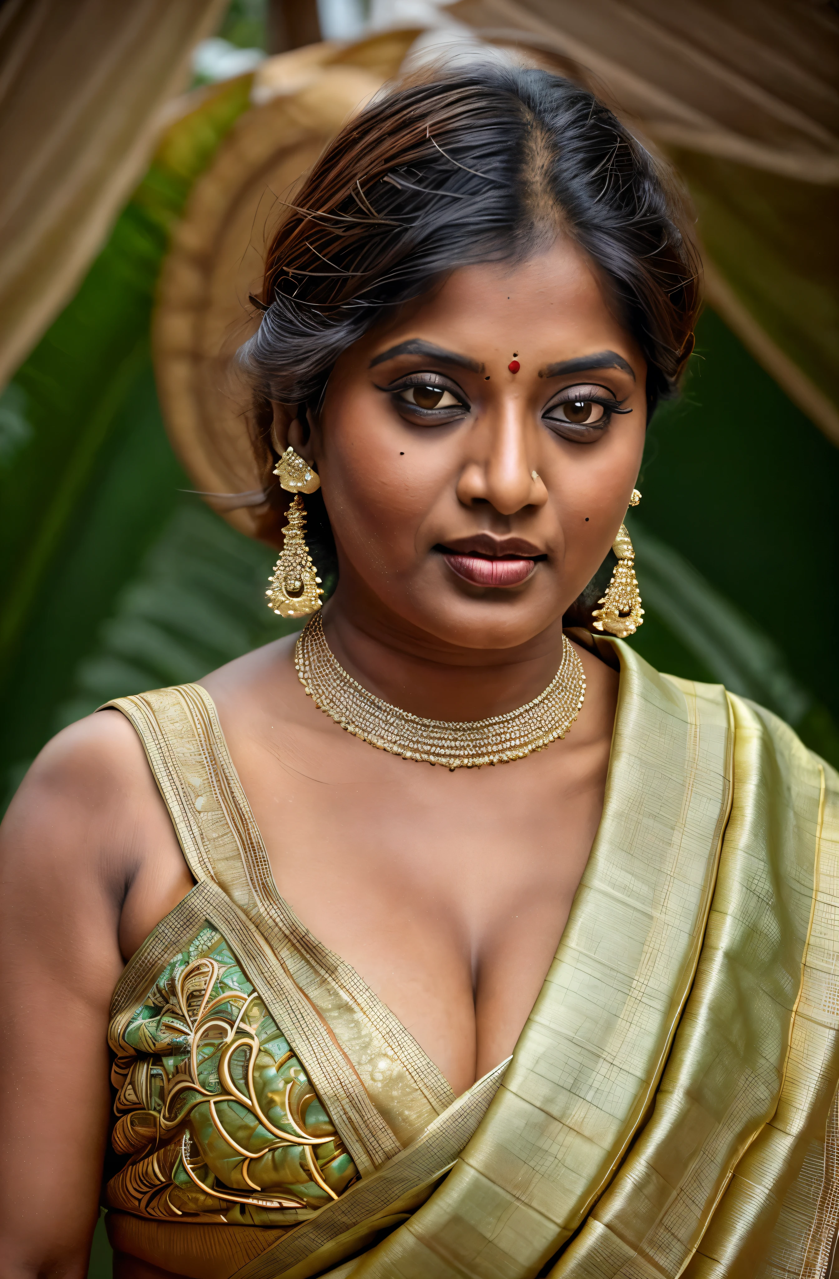 Looks like Indian Actress Ester Noronha, An Extremely gorgeous and beautiful Bengali village woman, 45 yo, pale white skin, sensual appealing body, perfect thick and chubby Beauty, wearing saree bare-chested, wearing a Bengali-style saree without a blouse,, ethnic vintage bengali village woman, bengali style saree, The sari was worn without a blouse and petticoat before the British Raj, baring one's chest or being blouseless, Bengalis a.k.a. Bongs are known for their unique Bengali fashion sense (the way they don that sari makes you go wow), Pre British Raj, Pre colonial era, Bengali Woman draping sari without blouse is a normal thing in pre British Era, bong woman, wearing kajal or kohl or kajol in eyes,