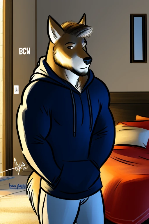 bgn, bgn style, muscular wolf, anthro, hoodie, indoors, simple shading