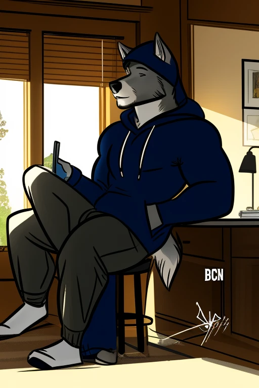 bgn, bgn style, muscular wolf, anthro, hoodie, indoors, simple shading