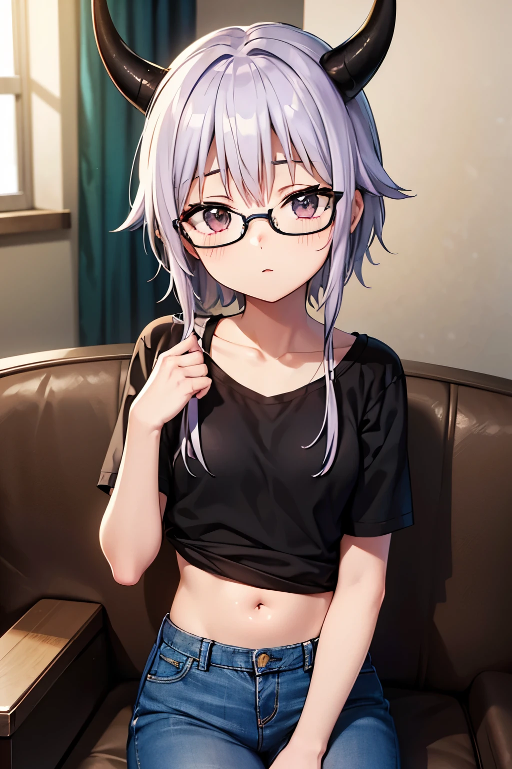 Latooni Suvota、Detailed Description、high resolution、One Girl、childish、Slender、Light purple hair、Short Hair、Glasses、Small breasts、(blush)、Troubled face、Nipples are visible、White panties、Leaning forward、Looking up、belly button