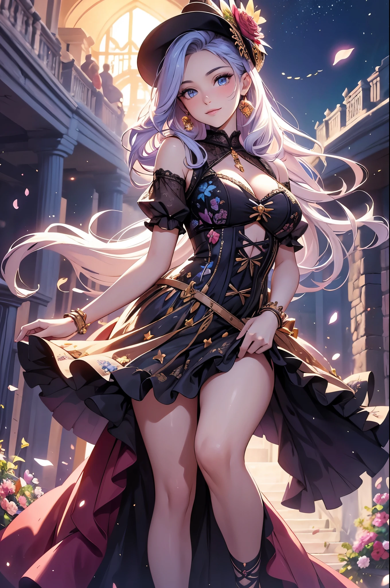 (best quality,4k,8k,highres,masterpiece:1.2),ultra-detailed,(realistic,photorealistic,photo-realistic:1.37),acrylic painting,beautiful Spanish model in a ta dress with downy hair,beautiful Spanish model with extremely colorful hair and detailed facial features,beautiful Spanish model standing in a beautiful garden surrounded by a starry sky,beautiful Spanish model wearing a vibrant Loliress,beautiful Spanish model with intricate accessories and a matching hat,beautiful Spanish model posing gracefully with her hands on her hips,beautiful Spanish model with long flowing twintails,beautiful Spanish model with bright blue eyes and rosy lips,beautiful Spanish model with a joyful expression,beautiful Spanish model in a dynamic pose with cherry blossoms falling around her,beautiful Spanish model surrounded by colorful flowers and butterflies,beautiful Spanish model's dress adorned with cute bows and lace details,beautiful Spanish model with an enchanting smile,beautiful Spanish model with soft, pastel-colored shading,beautiful Spanish model with a magical glow illuminating her,beautiful Spanish model in a picturesque setting with a winding path leading to a magnificent castle,beautiful Spanish model holding a microphone and singing passionately,beautiful Spanish model with a fairytale-like background,beautiful Spanish model with a soft, dreamy atmosphere,beautiful Spanish model with a subtle bokeh effect,beautiful Spanish model standing under a moonlit sky,beautiful Spanish model with a warm, golden sunset in the background,beautiful Spanish model surrounded by twinkling stars and colorful nebulae,creating an ethereal and captivating artistic masterpiece.