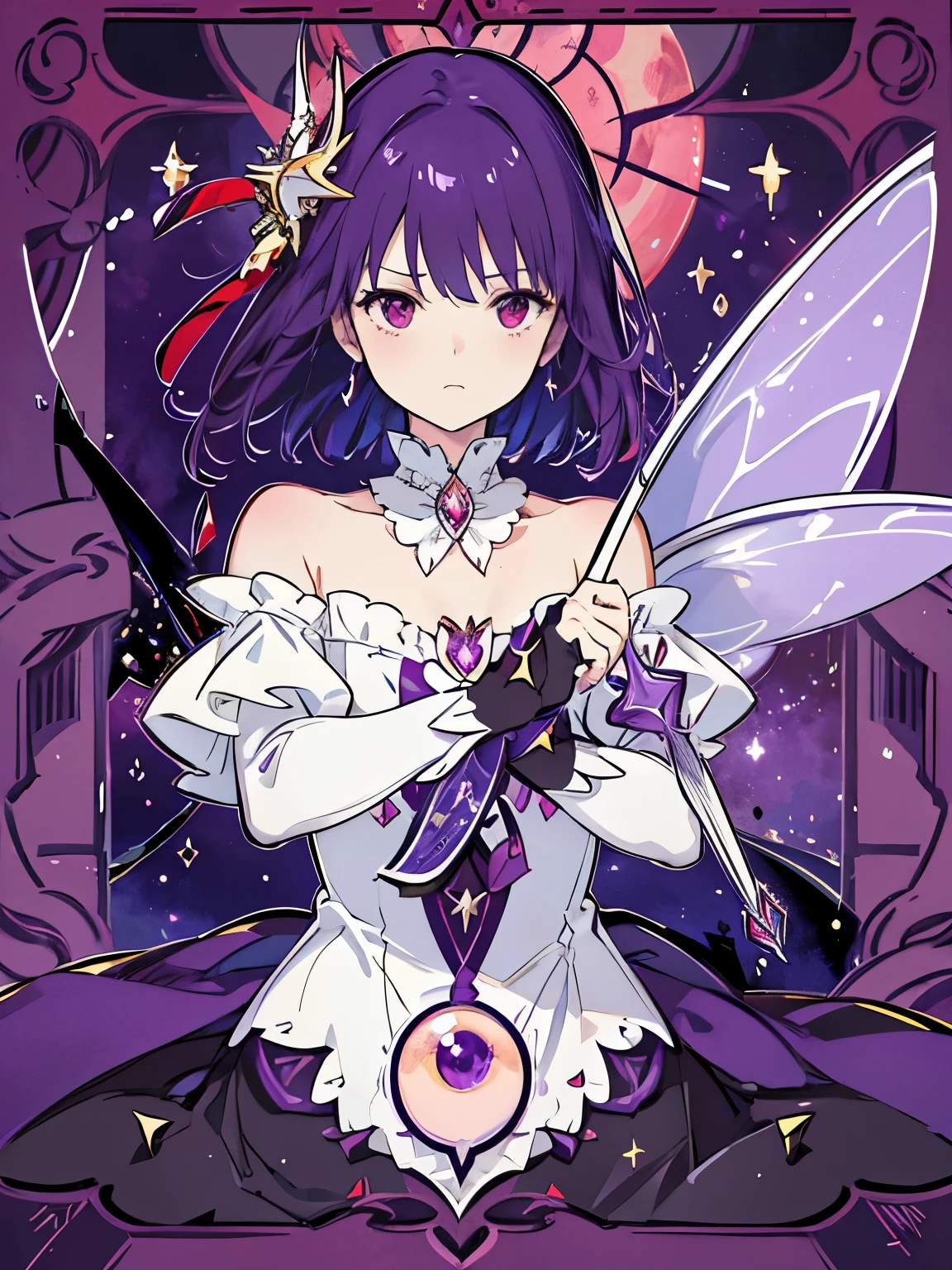 (shylily/(Twich/):1.5),(masterpiece:1.2),(best quality:1.2),Anime girl in a purple skirt holding an umbrella in a dark room, Moon themed clothing, Fantasy costumes, Rococo Cyberpunk, Elegant gothic princess, Black and purple clothes, Gothic girl anime girl, Star witch clothes, Lolita Fashion, ((Beautiful fantasy queen)), Charming hypnotic woman, Wear a dream dress, lulua workshop, Fairy Tale Core,