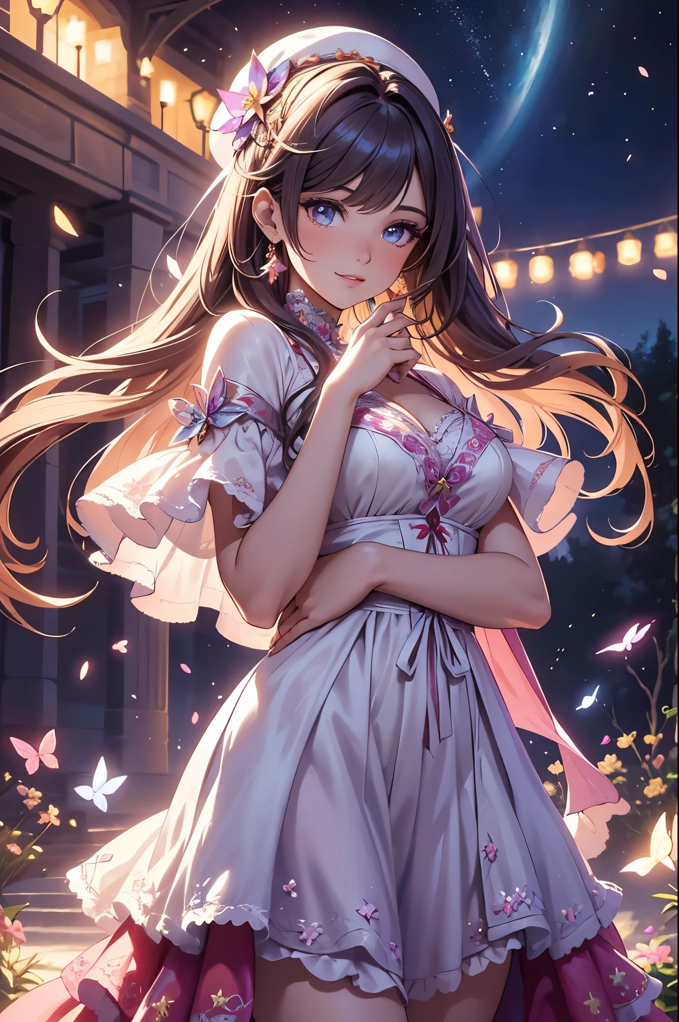 (best quality,4k,8k,highres,masterpiece:1.2),ultra-detailed,(realistic,photorealistic,photo-realistic:1.37),acrylic painting,beautiful Spanish model in a Lolita dress with downy hair,beautiful Spanish model with extremely colorful hair and detailed facial features,beautiful Spanish model standing in a beautiful garden surrounded by a starry sky,beautiful Spanish model wearing a vibrant Lolita dress,beautiful Spanish model with intricate accessories and a matching hat,beautiful Spanish model posing gracefully with her hands on her hips,beautiful Spanish model with long flowing twintails,beautiful Spanish model with bright blue eyes and rosy lips,beautiful Spanish model with a joyful expression,beautiful Spanish model in a dynamic pose with cherry blossoms falling around her,beautiful Spanish model surrounded by colorful flowers and butterflies,beautiful Spanish model's dress adorned with cute bows and lace details,beautiful Spanish model with an enchanting smile,beautiful Spanish model with soft, pastel-colored shading,beautiful Spanish model with a magical glow illuminating her,beautiful Spanish model in a picturesque setting with a winding path leading to a magnificent castle,beautiful Spanish model holding a microphone and singing passionately,beautiful Spanish model with a fairytale-like background,beautiful Spanish model with a soft, dreamy atmosphere,beautiful Spanish model with a subtle bokeh effect,beautiful Spanish model standing under a moonlit sky,beautiful Spanish model with a warm, golden sunset in the background,beautiful Spanish model surrounded by twinkling stars and colorful nebulae,creating an ethereal and captivating artistic masterpiece. 
