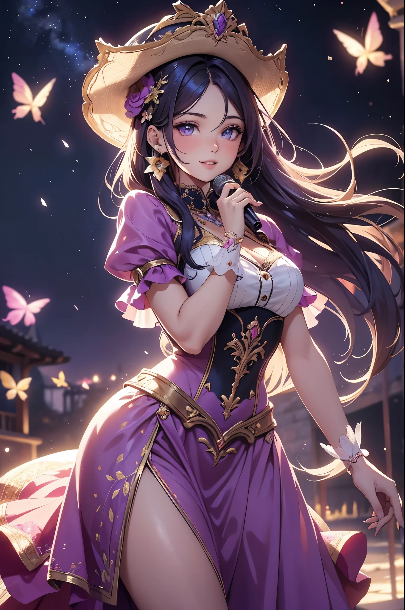 (best quality,4k,8k,highres,masterpiece:1.2),ultra-detailed,(realistic,photorealistic,photo-realistic:1.37),acrylic painting,beautiful Spanish model in a Lolita dress with downy hair,beautiful Spanish model with extremely colorful hair and detailed facial features,beautiful Spanish model standing in a beautiful garden surrounded by a starry sky,beautiful Spanish model wearing a vibrant Lolita dress,beautiful Spanish model with intricate accessories and a matching hat,beautiful Spanish model posing gracefully with her hands on her hips,beautiful Spanish model with long flowing twintails,beautiful Spanish model with bright blue eyes and rosy lips,beautiful Spanish model with a joyful expression,beautiful Spanish model in a dynamic pose with cherry blossoms falling around her,beautiful Spanish model surrounded by colorful flowers and butterflies,beautiful Spanish model's dress adorned with cute bows and lace details,beautiful Spanish model with an enchanting smile,beautiful Spanish model with soft, pastel-colored shading,beautiful Spanish model with a magical glow illuminating her,beautiful Spanish model in a picturesque setting with a winding path leading to a magnificent castle,beautiful Spanish model holding a microphone and singing passionately,beautiful Spanish model with a fairytale-like background,beautiful Spanish model with a soft, dreamy atmosphere,beautiful Spanish model with a subtle bokeh effect,beautiful Spanish model standing under a moonlit sky,beautiful Spanish model with a warm, golden sunset in the background,beautiful Spanish model surrounded by twinkling stars and colorful nebulae,creating an ethereal and captivating artistic masterpiece.