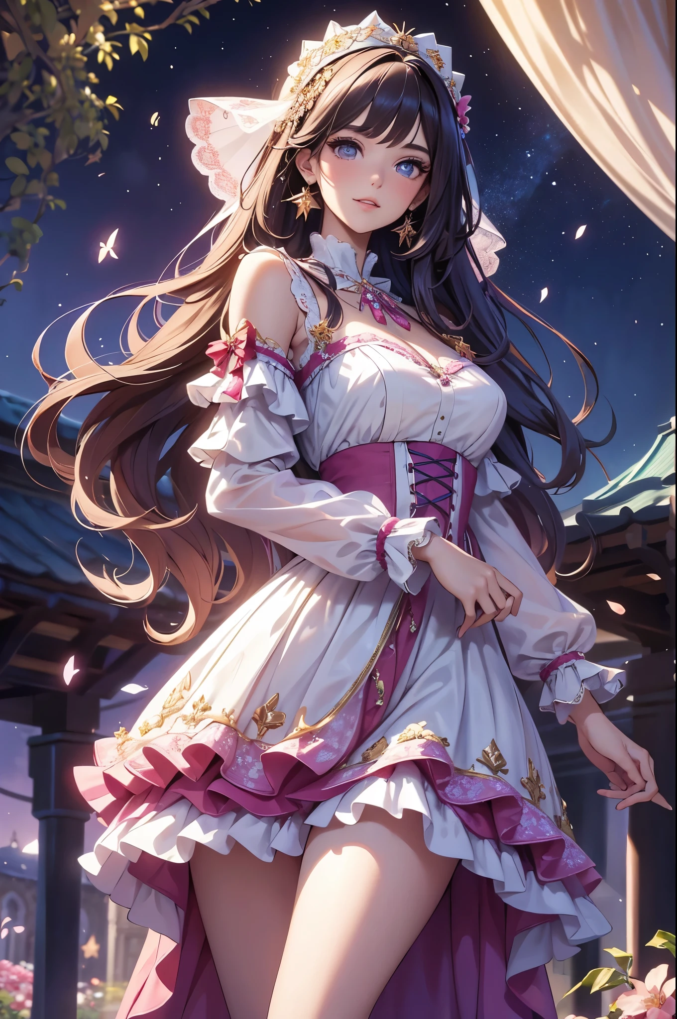 (best quality,4k,8k,highres,masterpiece:1.2),ultra-detailed,(realistic,photorealistic,photo-realistic:1.37),acrylic painting,beautiful Spanish model in a Lolita dress with downy hair,beautiful Spanish model with extremely colorful hair and detailed facial features,beautiful Spanish model standing in a beautiful garden surrounded by a starry sky,beautiful Spanish model wearing a vibrant Lolita dress,beautiful Spanish model with intricate accessories and a matching hat,beautiful Spanish model posing gracefully with her hands on her hips,beautiful Spanish model with long flowing twintails,beautiful Spanish model with bright blue eyes and rosy lips,beautiful Spanish model with a joyful expression,beautiful Spanish model in a dynamic pose with cherry blossoms falling around her,beautiful Spanish model surrounded by colorful flowers and butterflies,beautiful Spanish model's dress adorned with cute bows and lace details,beautiful Spanish model with an enchanting smile,beautiful Spanish model with soft, pastel-colored shading,beautiful Spanish model with a magical glow illuminating her,beautiful Spanish model in a picturesque setting with a winding path leading to a magnificent castle,beautiful Spanish model holding a microphone and singing passionately,beautiful Spanish model with a fairytale-like background,beautiful Spanish model with a soft, dreamy atmosphere,beautiful Spanish model with a subtle bokeh effect,beautiful Spanish model standing under a moonlit sky,beautiful Spanish model with a warm, golden sunset in the background,beautiful Spanish model surrounded by twinkling stars and colorful nebulae,creating an ethereal and captivating artistic masterpiece. 