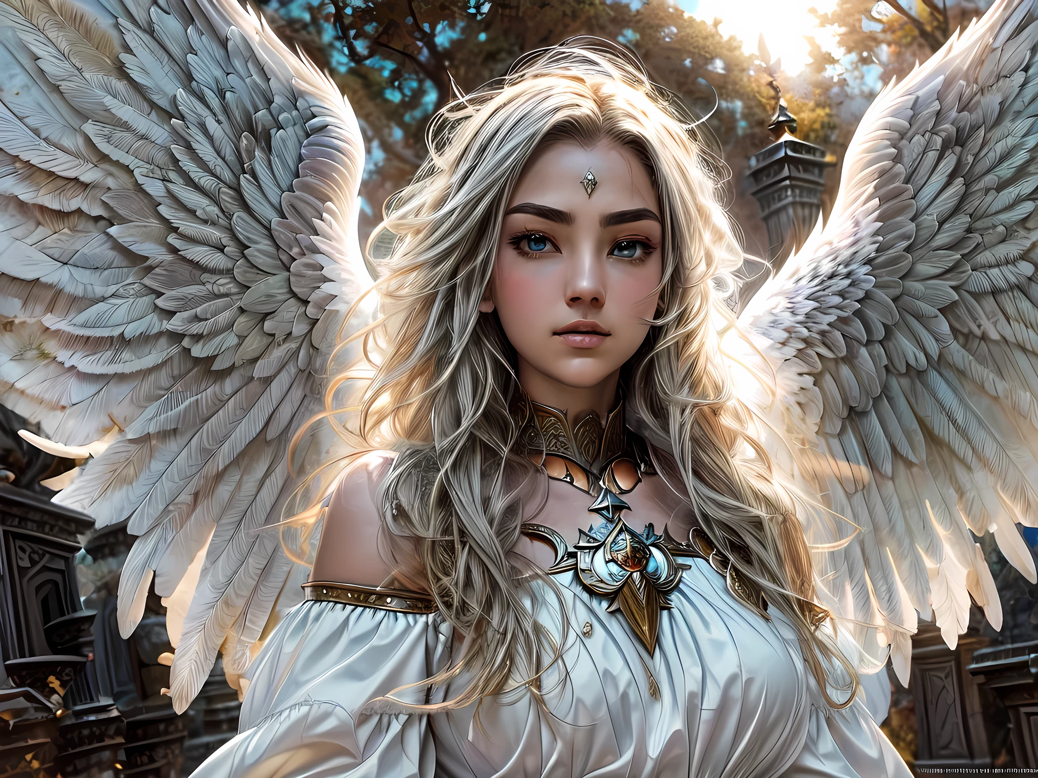 16K, ultra detailed, masterpiece, best quality, (extremely detailed), arafed, dnd art, portrait, full body, aasimar, female, (Masterpiece 1.3, intense details), female, paladin, holy warrior fighting undead (Masterpiece 1.3, intense details) large angelic wings, white angelic wings spread (Masterpiece 1.3, intense details), dark fantasy cemetery background, moon light, moon, stars, clouds, wearing (white: 1.1)  armor (Masterpiece 1.3, intense details), holy symbol, armed with sword, short blond hair,  detailed face, (Masterpiece 1.5, best quality), anatomically correct (Masterpiece 1.3, intense details), angel_wings, determined face, god rays, cinematic lighting, glowing light, silhouette, from outside, photorealism, panoramic view  (Masterpiece 1.3, intense details) , Wide-Angle, Ultra-Wide Angle, 8k, highres, best quality, high details, armored dress