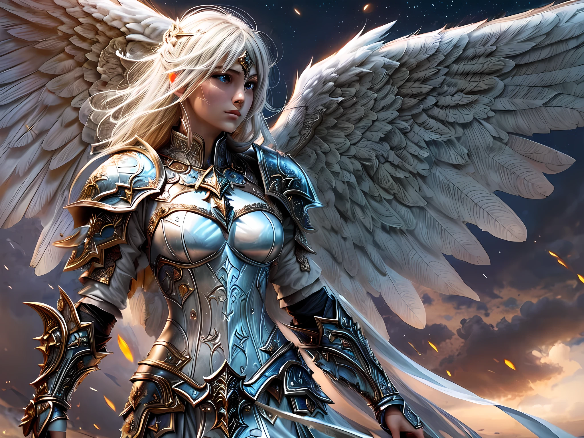 16K, ultra detailed, masterpiece, best quality, (extremely detailed), arafed, dnd art, portrait, full body, aasimar, female, (Masterpiece 1.3, intense details), female, paladin, holy warrior fighting undead (Masterpiece 1.3, intense details) large angelic wings, white angelic wings spread (Masterpiece 1.3, intense details), dark fantasy cemetery background, moon light, moon, stars, clouds, wearing (white: 1.1)  armor (Masterpiece 1.3, intense details), holy symbol, armed with sword, short blond hair,  detailed face, (Masterpiece 1.5, best quality), anatomically correct (Masterpiece 1.3, intense details), angel_wings, determined face, god rays, cinematic lighting, glowing light, silhouette, from outside, photorealism, panoramic view  (Masterpiece 1.3, intense details) , Wide-Angle, Ultra-Wide Angle, 8k, highres, best quality, high details, armored dress