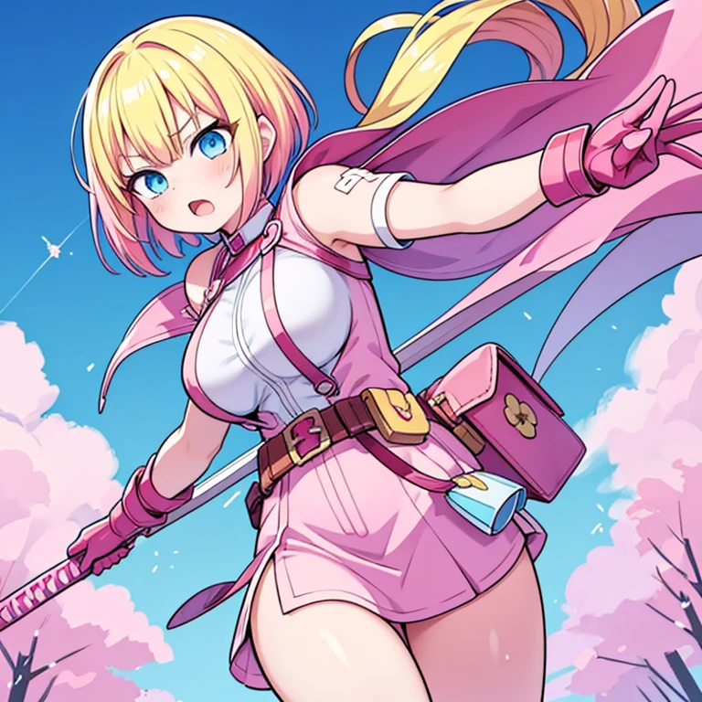 gwenpool, 1girl, weapon, blonde hair, multicolored hair, solo, blue eyes, sword, pouch, superhero, short hair, gradient hair, open mouth, belt, two-tone hair, pink hair, breasts, gloves, belt pouch