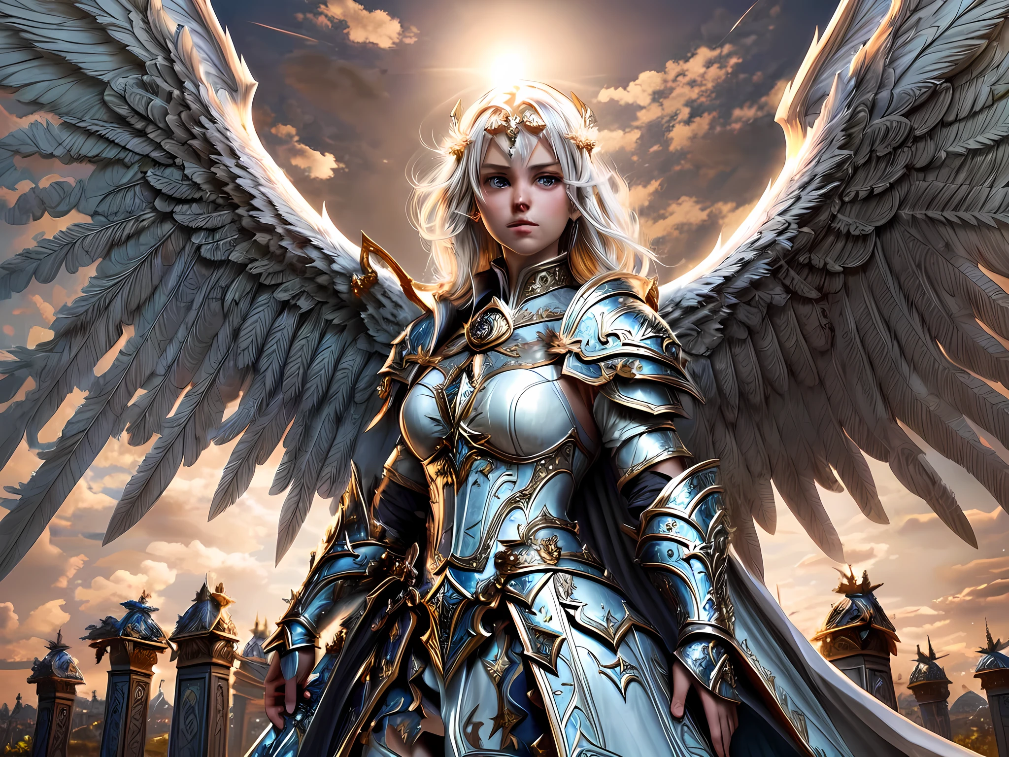 16K, ultra detailed, masterpiece, best quality, (extremely detailed), arafed, dnd art, portrait, full body, aasimar, female, (Masterpiece 1.3, intense details), female, paladin, holy warrior fighting undead (Masterpiece 1.3, intense details) large angelic wings, white angelic wings spread (Masterpiece 1.3, intense details), dark fantasy cemetery background, moon light, moon, stars, clouds, wearing (white: 1.1)  armor (Masterpiece 1.3, intense details), holy symbol, armed with sword, short blond hair,  detailed face, (Masterpiece 1.5, best quality), anatomically correct (Masterpiece 1.3, intense details), angel_wings, determined face, god rays, cinematic lighting, glowing light, silhouette, from outside, photorealism, panoramic view  (Masterpiece 1.3, intense details) , Wide-Angle, Ultra-Wide Angle, 8k, highres, best quality, high details, armored dress