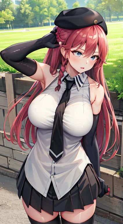 masterpiece, best quality, highres,lilith1, 1girl, solo, braid, hat, beret, elbow gloves, black thighhighs, sleeveless, black gloves, black necktie, sleeveless shirt, large breasts, bare shoulders, pleated skirt, black skirt, white shirt, miniskirt, cowboy shot, standing, outdoors,