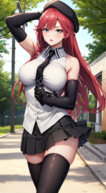 masterpiece, best quality, highres,lilith1, 1girl, solo, braid, hat, beret, elbow gloves, black thighhighs, sleeveless, black gloves, black necktie, sleeveless shirt, large breasts, bare shoulders, pleated skirt, black skirt, white shirt, miniskirt, cowboy shot, standing, outdoors,