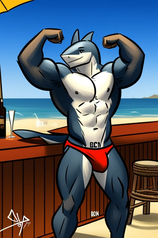 bgn, bgn style, muscular shark, anthro, speedo, flexing, beach, bar