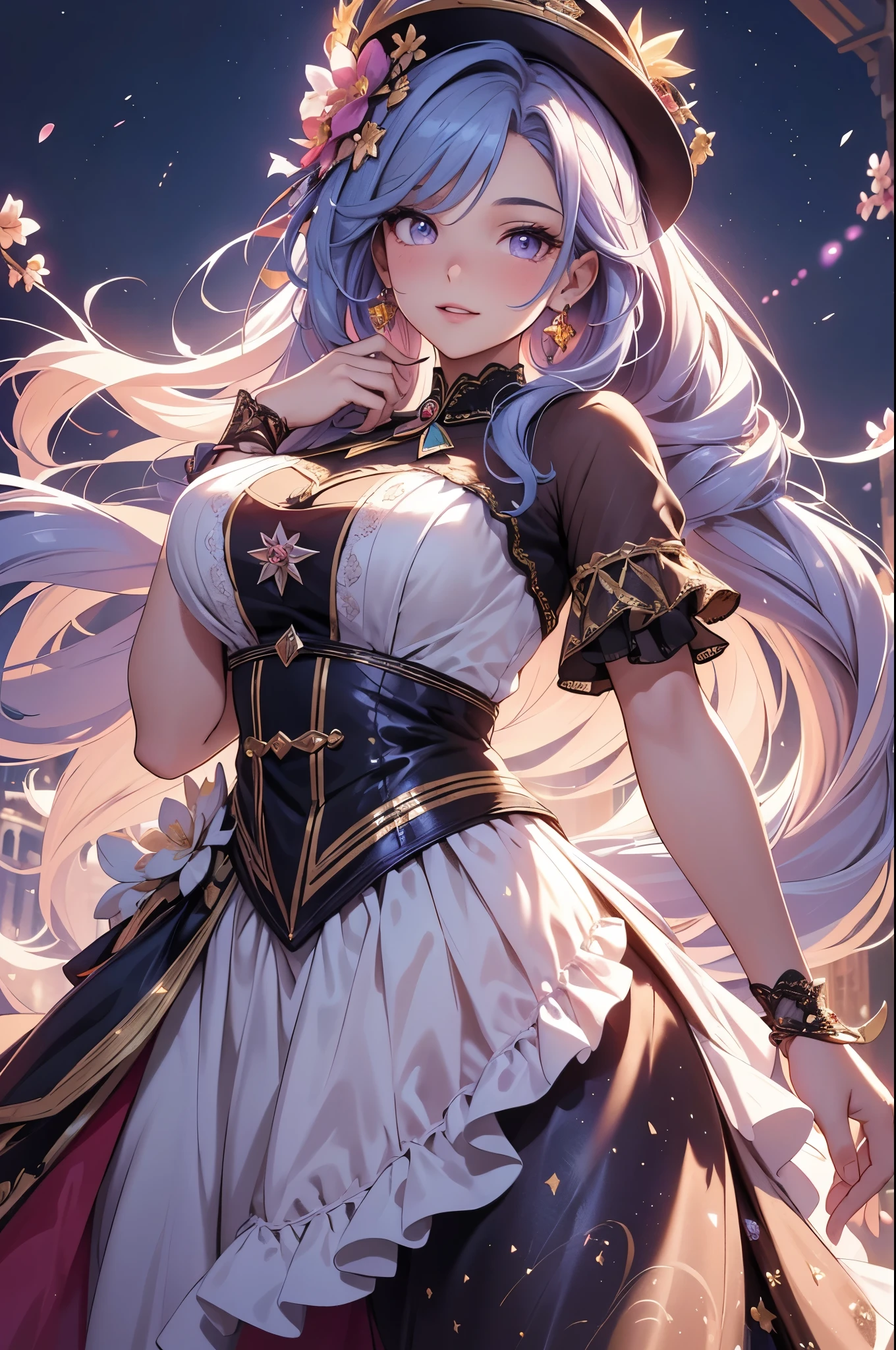 (best quality,4k,8k,highres,masterpiece:1.2),ultra-detailed,(realistic,photorealistic,photo-realistic:1.37),acrylic painting,beautiful Spanish model in a Lolita dress with downy hair,beautiful Spanish model with extremely colorful hair and detailed facial features,beautiful Spanish model standing in a beautiful garden surrounded by a starry sky,beautiful Spanish model wearing a vibrant Lolita dress,beautiful Spanish model with intricate accessories and a matching hat,beautiful Spanish model posing gracefully with her hands on her hips,beautiful Spanish model with long flowing twintails,beautiful Spanish model with bright blue eyes and rosy lips,beautiful Spanish model with a joyful expression,beautiful Spanish model in a dynamic pose with cherry blossoms falling around her,beautiful Spanish model surrounded by colorful flowers and butterflies,beautiful Spanish model's dress adorned with cute bows and lace details,beautiful Spanish model with an enchanting smile,beautiful Spanish model with soft, pastel-colored shading,beautiful Spanish model with a magical glow illuminating her,beautiful Spanish model in a picturesque setting with a winding path leading to a magnificent castle,beautiful Spanish model holding a microphone and singing passionately,beautiful Spanish model with a fairytale-like background,beautiful Spanish model with a soft, dreamy atmosphere,beautiful Spanish model with a subtle bokeh effect,beautiful Spanish model standing under a moonlit sky,beautiful Spanish model with a warm, golden sunset in the background,beautiful Spanish model surrounded by twinkling stars and colorful nebulae,creating an ethereal and captivating artistic masterpiece. 