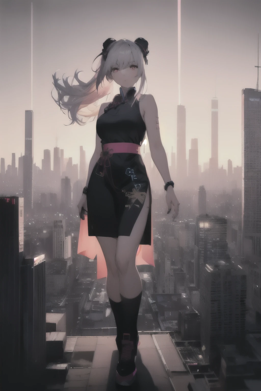 anime, (artwork, best quality, ultra-detailed, high contrast), 1 woman (Alone, full body, plus size body, standing on the edge of the skyscraper, silver hair, LONG In a ponytail, red eyes ruby stretches, (black qipao, black cybernetics with neon pink), transparent black socks), (skyscraper roof, overlooking a city, detailed background ((night time, Darkness, low light pollution)))