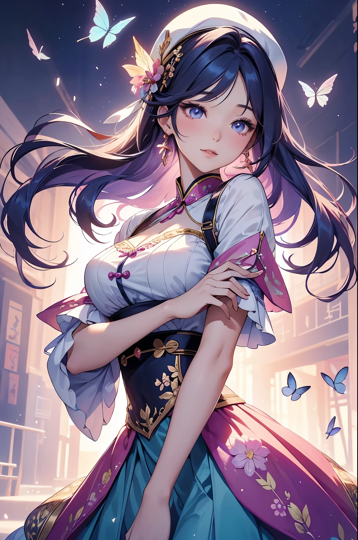 (best quality,4k,8k,highres,masterpiece:1.2),ultra-detailed,(realistic,photorealistic,photo-realistic:1.37),acrylic painting,beautiful Korean model in a Lolita dress with downy hair,beautiful Korean model with extremely colorful hair and detailed facial features,beautiful Korean model standing in a beautiful garden surrounded by a starry sky,beautiful Korean model wearing a vibrant Lolita dress,beautiful Korean model with intricate accessories and a matching hat,beautiful Korean model posing gracefully with her hands on her hips,beautiful Korean model with long flowing twintails,beautiful Korean model with bright blue eyes and rosy lips,beautiful Korean model with a joyful expression,beautiful Korean model in a dynamic pose with cherry blossoms falling around her,beautiful Korean model surrounded by colorful flowers and butterflies,beautiful Korean model's dress adorned with cute bows and lace details,beautiful Korean model with an enchanting smile,beautiful Korean model with soft, pastel-colored shading,beautiful Korean model with a magical glow illuminating her,beautiful Korean model in a picturesque setting with a winding path leading to a magnificent castle,beautiful Korean model holding a microphone and singing passionately,beautiful Korean model with a fairytale-like background,beautiful Korean model with a soft, dreamy atmosphere,beautiful Korean model with a subtle bokeh effect,beautiful Korean model standing under a moonlit sky,beautiful Korean model with a warm, golden sunset in the background,beautiful Korean model surrounded by twinkling stars and colorful nebulae,creating an ethereal and captivating artistic masterpiece.