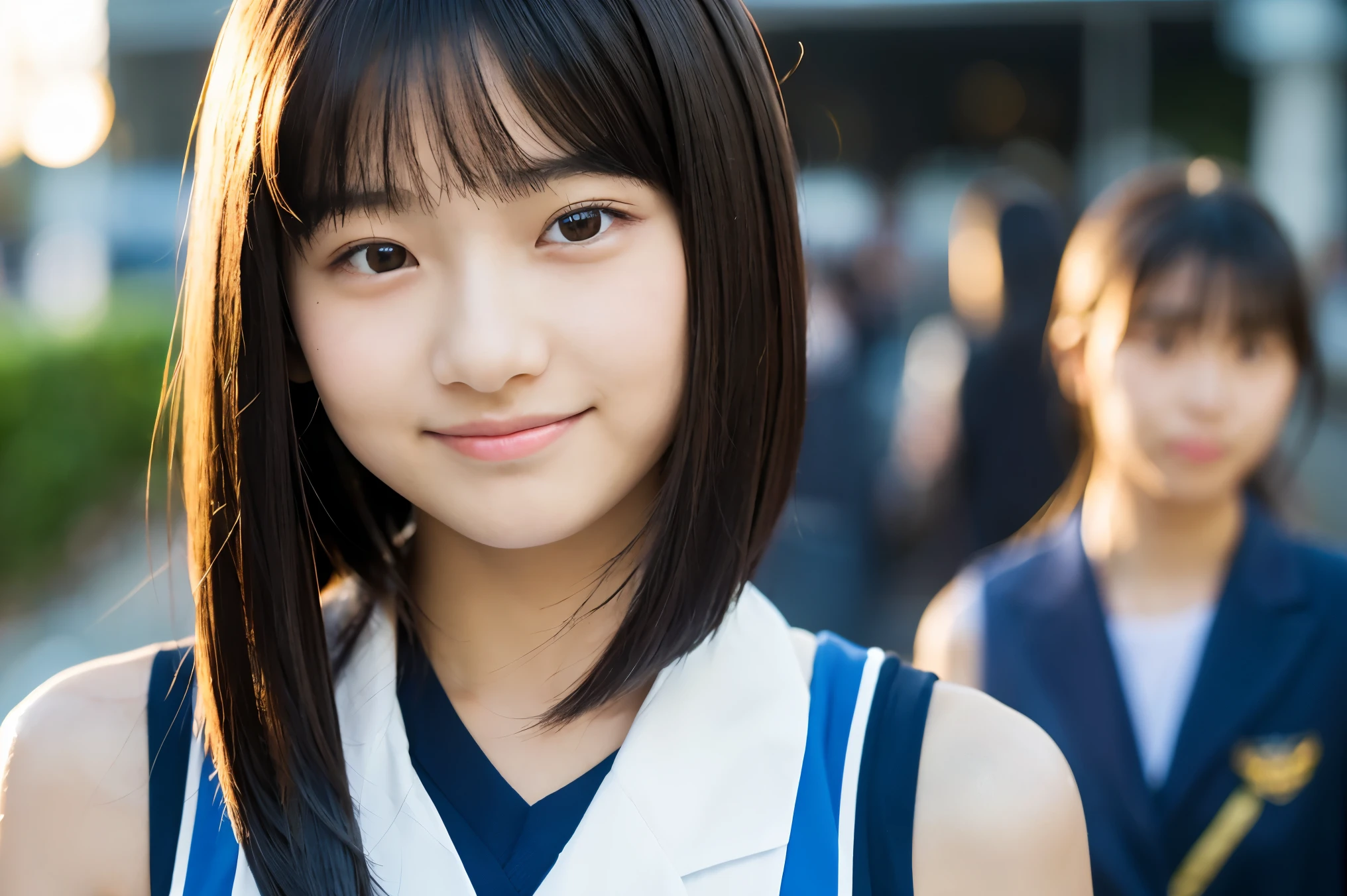 Very detailed　super high quality　super high quality　Surreal　photograph　3 Japanese girls　Very detailed　(Each girl has a different hairstyle randomly、A different face:1.3) 　smile　Fair skin　16 years old　((Half-open lips:1.3))　Beautiful and soft skin　((Beautifully styled straight short hair))  Beautiful and perfect body　very cute　Beautiful young man with clear skin々New Skins　16 years old　(High school girl wearing a sleeveless shirt) Big Breasts　whole body　Everyday City　Busy city　　((night))　audience&#39;perspective　　Front view　　(Big Breasts:1.3)   (Cleavage)　(Amazingly cute girl:1.3)　　(whole bodyポートレート)　