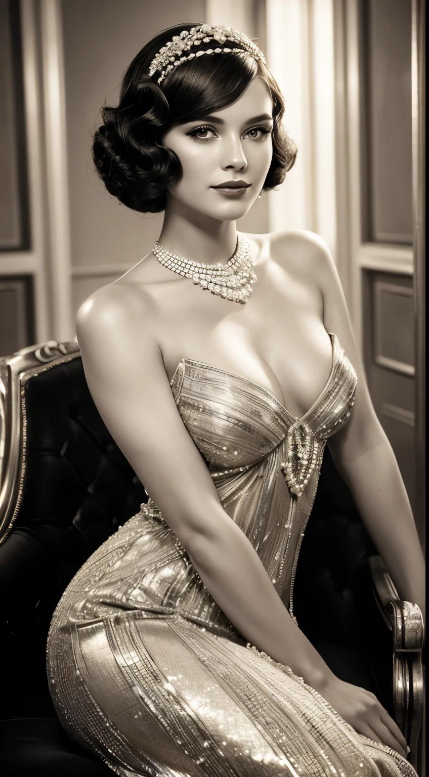 (1920's),(hollywood),(beautiful),(nude),actress woman,classic black-and-white,piano,keylight,smoky,soft-focus,glamorous,retro,ivory skin,portrait,delicate features,expressive eyes,sensual lips,vintage fashion,dazzling jewelry,flapper dress,feather headpiece,pearls,art deco set design,old Hollywood glamour,sophisticated allure,luxurious ambiance,graceful posture,confident smile,drama,black-and-white film,director's chair,red carpet,A-list celebrities,glitz and glamor,movie star,iconic beauty,intense gaze,mystery and intrigue,exquisite details,highly elegant,romantic atmosphere,beautifully composed image,classic Hollywood,graceful movements,sparkling eyes,retro hairstyle,glamorous makeup,exquisite wardrobe,vintage elegance,quiet sophistication,poise and charm,fine art photography,vintage cinematography,radiant beauty,timeless allure.