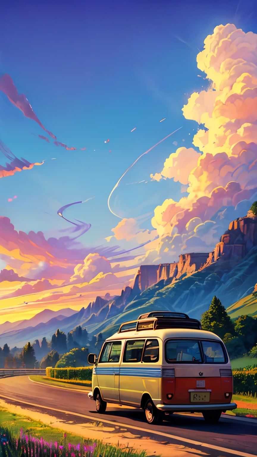 (Better lighting, melhor sombra, obra de arte, alta qualidade), Colorida, vivaz, summer feeling, muitas cores brilhantes, Picture a classic VW Kombi cruising down a perfectly straight highway towards a stunning horizon. The van’s retro design and polished exterior gleam in the soft glow of the setting sun. The road is lined with rolling hills and colorful wildflowers, creating a charming and inviting path. Above, the sky is painted with deep oranges, pinks, and purples as the sun sets. Wispy clouds catch the fading light, adding a touch of magic to the scene. The Kombi’s engine hums steadily, its iconic shape moving smoothly through the tranquil landscape. As the Kombi heads towards the radiant horizon, bathed in golden light, the scene captures the spirit of adventure and the timeless appeal of the open road."