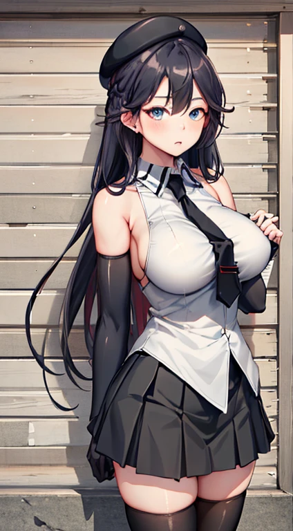 masterpiece, best quality, highres,lilith1, 1girl, solo, braid, black hair, hat, beret, elbow gloves, black thighhighs, sleeveless, black gloves, black necktie, sleeveless shirt, large breasts, bare shoulders, pleated skirt, black skirt, white shirt, miniskirt, cowboy shot, standing, outdoors,