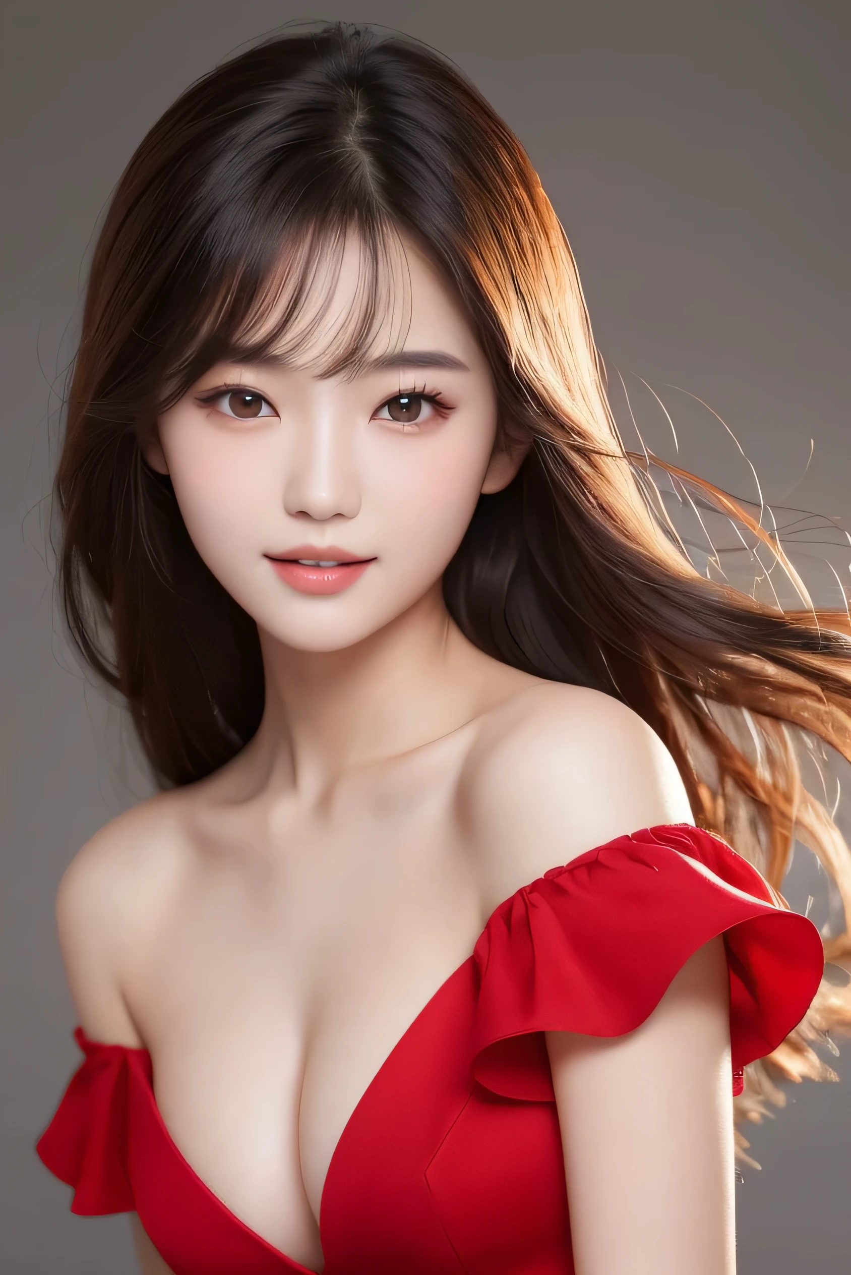 Korean Girls, 18-year-old, A stunning face, Wearing a bright red gown, Elegant half-body shot, Taken with high resolution photos. Gray blurry background, Improve image resolution and detail. The girl smiles gently, Her eyes shine like stardust, Adding glamour to ultra-realistic captures. bust, What&#39;Hiding under a yellow dress?, Show off your perfect anatomy. The soft light of nature envelops the scenery., Create a white aura around the girl