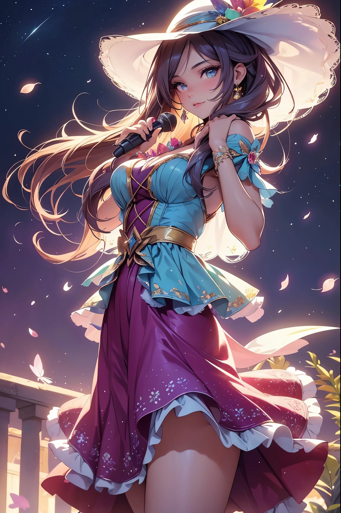 (best quality,4k,8k,highres,masterpiece:1.2),ultra-detailed,(realistic,photorealistic,photo-realistic:1.37),acrylic painting,beautiful Brazilian model in a Lolita dress with downy hair,beautiful Brazilian model with extremely colorful hair and detailed facial features,beautiful Brazilian model standing in a beautiful garden surrounded by a starry sky,beautiful Brazilian model wearing a vibrant Lolita dress,beautiful Brazilian model with intricate accessories and a matching hat,beautiful Brazilian model posing gracefully with her hands on her hips,beautiful Brazilian model with long flowing twintails,beautiful Brazilian model with bright blue eyes and rosy lips,beautiful Brazilian model with a joyful expression,beautiful Brazilian model in a dynamic pose with cherry blossoms falling around her,beautiful Brazilian model surrounded by colorful flowers and butterflies,beautiful Brazilian model's dress adorned with cute bows and lace details,beautiful Brazilian model with an enchanting smile,beautiful Brazilian model with soft, pastel-colored shading,beautiful Brazilian model with a magical glow illuminating her,beautiful Brazilian model in a picturesque setting with a winding path leading to a magnificent castle,beautiful Brazilian model holding a microphone and singing passionately,beautiful Brazilian model with a fairytale-like background,beautiful Brazilian model with a soft, dreamy atmosphere,beautiful Brazilian model with a subtle bokeh effect,beautiful Brazilian model standing under a moonlit sky,beautiful Brazilian model with a warm, golden sunset in the background,beautiful Brazilian model surrounded by twinkling stars and colorful nebulae,creating an ethereal and captivating artistic masterpiece.