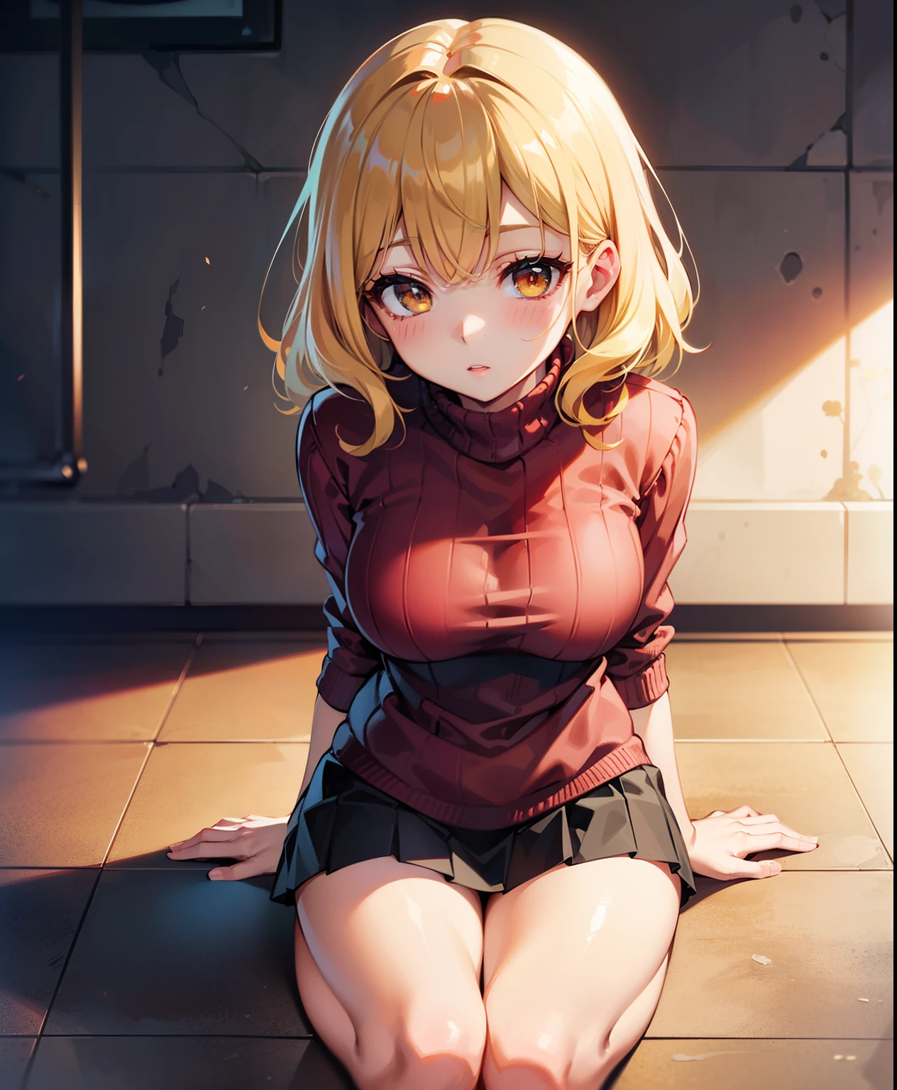 Dynamic posing, dynamic angle, Arrange pose,Top quality work,Show Legs,((short wavy Creamy Golden Blonde hair)),(Creamy Blonde hair),(short hair),(wavy hair),(golden eyes), ( ), Rose cheeks, Pretty Face, full-body view, amazing, Large round chest、Beautiful eye details、Beautiful eyelashes、beautiful double eyelid, with blush cheeks, in a short skirt and a sweater, trending at cgstation, Movie Light、maximum quality、 Complex CG、High-definition face、High Precision Eyes、Ultra-fine face、Ultra Fine Lips、Ultra-fine eyes、Double eyelidd、super-detail, anime girl in real life, anime vtuber full body model, casual real life