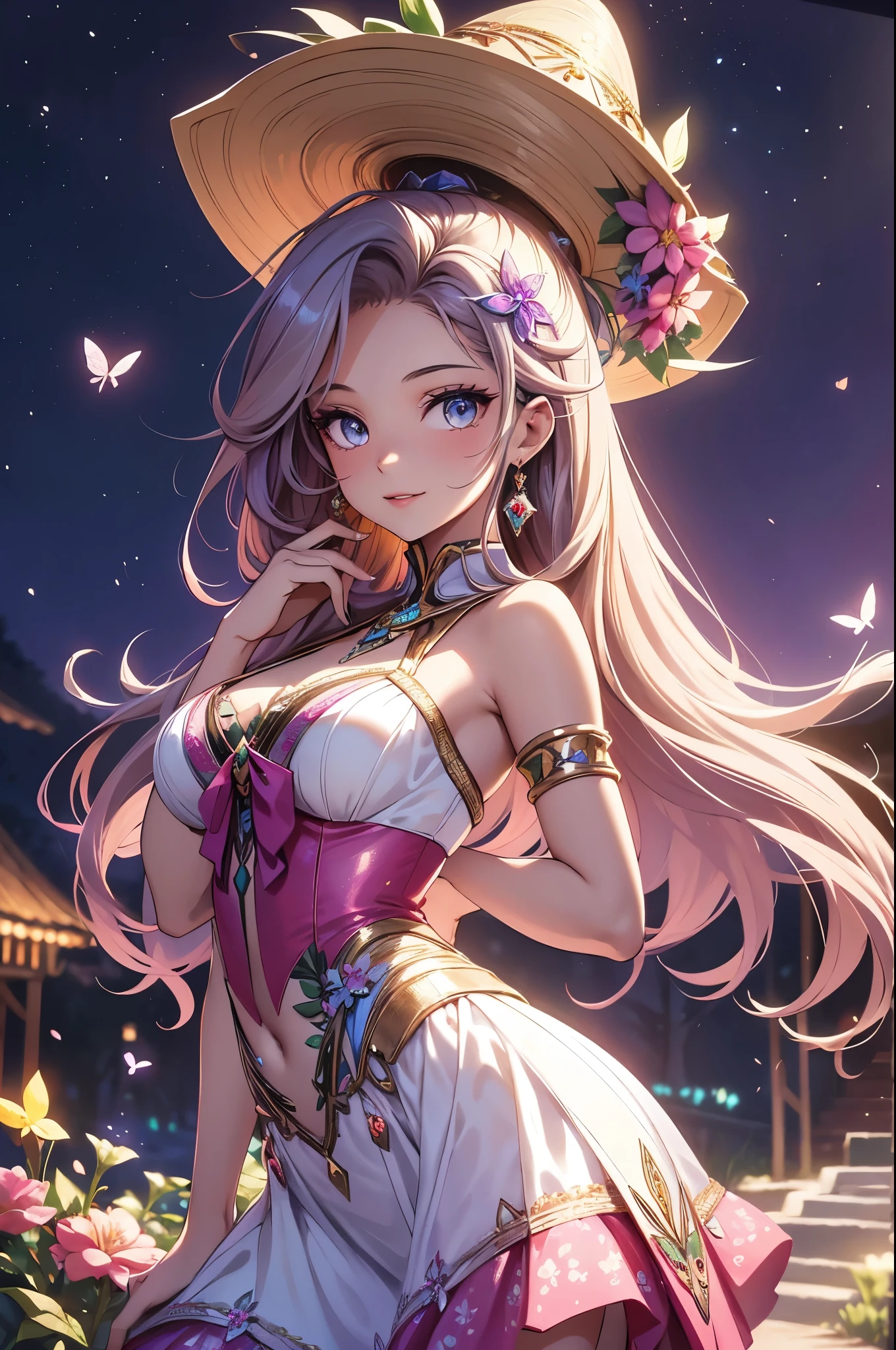 (best quality,4k,8k,highres,masterpiece:1.2),ultra-detailed,(realistic,photorealistic,photo-realistic:1.37),acrylic painting,beautiful Brazilian model in a Lolita dress with downy hair,beautiful Brazilian model with extremely colorful hair and detailed facial features,beautiful Brazilian model standing in a beautiful garden surrounded by a starry sky,beautiful Brazilian model wearing a vibrant Lolita dress,beautiful Brazilian model with intricate accessories and a matching hat,beautiful Brazilian model posing gracefully with her hands on her hips,beautiful Brazilian model with long flowing twintails,beautiful Brazilian model with bright blue eyes and rosy lips,beautiful Brazilian model with a joyful expression,beautiful Brazilian model in a dynamic pose with cherry blossoms falling around her,beautiful Brazilian model surrounded by colorful flowers and butterflies,beautiful Brazilian model's dress adorned with cute bows and lace details,beautiful Brazilian model with an enchanting smile,beautiful Brazilian model with soft, pastel-colored shading,beautiful Brazilian model with a magical glow illuminating her,beautiful Brazilian model in a picturesque setting with a winding path leading to a magnificent castle,beautiful Brazilian model holding a microphone and singing passionately,beautiful Brazilian model with a fairytale-like background,beautiful Brazilian model with a soft, dreamy atmosphere,beautiful Brazilian model with a subtle bokeh effect,beautiful Brazilian model standing under a moonlit sky,beautiful Brazilian model with a warm, golden sunset in the background,beautiful Brazilian model surrounded by twinkling stars and colorful nebulae,creating an ethereal and captivating artistic masterpiece.