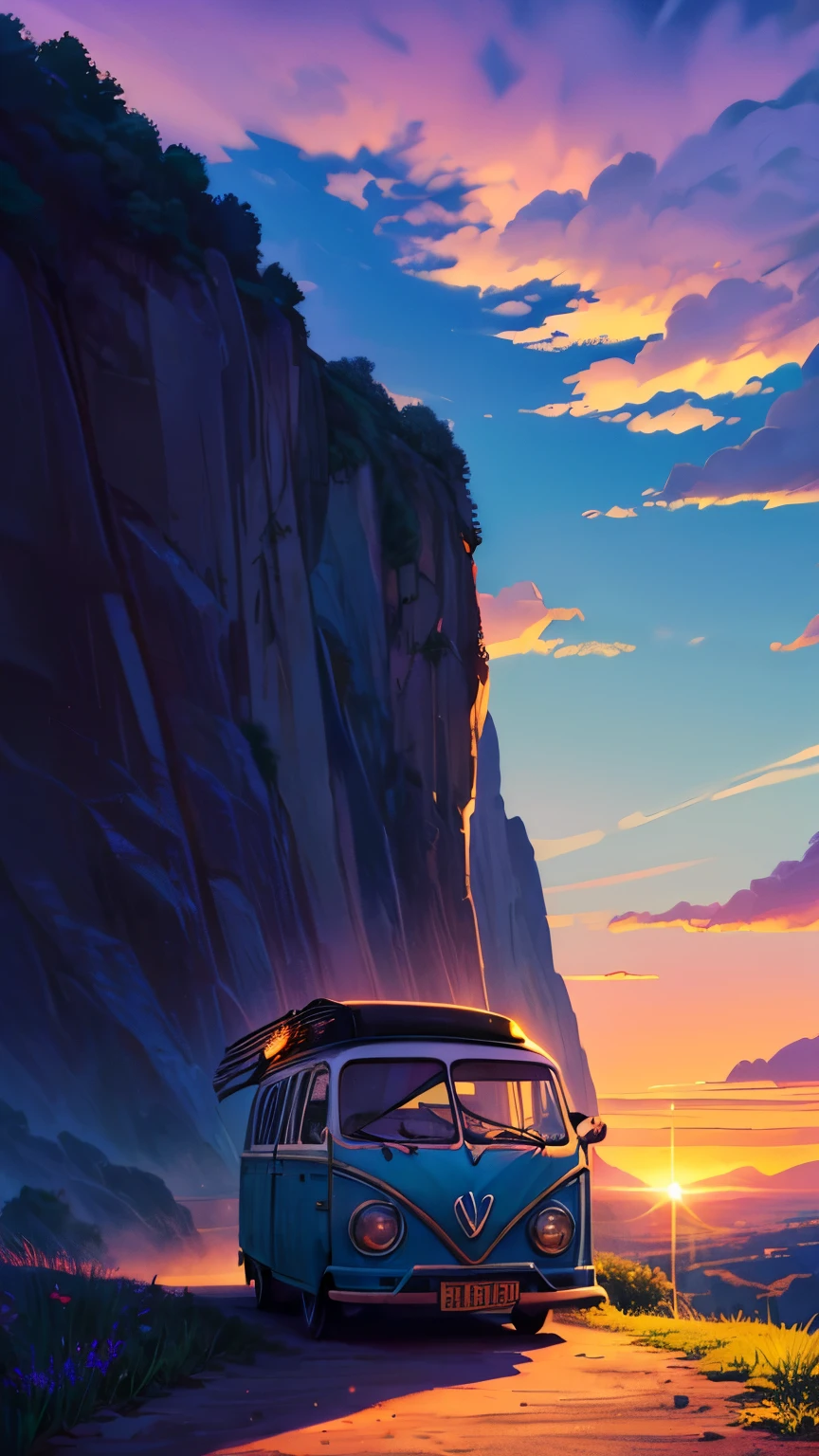 (Better lighting, melhor sombra, obra de arte, alta qualidade), Colorida, vivaz, summer feeling, muitas cores brilhantes, Picture a classic VW Kombi cruising down a perfectly straight highway towards a stunning horizon. The van’s retro design and polished exterior gleam in the soft glow of the setting sun. The road is lined with rolling hills and colorful wildflowers, creating a charming and inviting path. Above, the sky is painted with deep oranges, pinks, and purples as the sun sets. Wispy clouds catch the fading light, adding a touch of magic to the scene. The Kombi’s engine hums steadily, its iconic shape moving smoothly through the tranquil landscape. As the Kombi heads towards the radiant horizon, bathed in golden light, the scene captures the spirit of adventure and the timeless appeal of the open road."