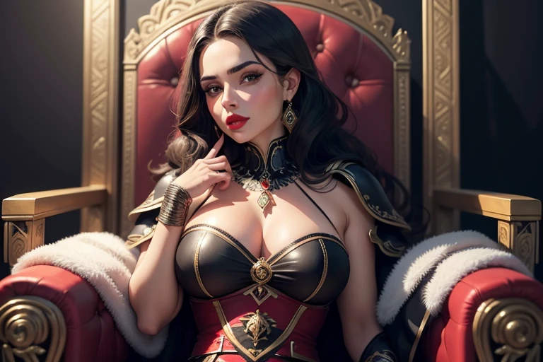 mulher muito bonita, rosto arredondado, thick lips, Red lips, Etnia europeia, cabelo preto, olhos azuis gostosa sentada em um trono de luxo