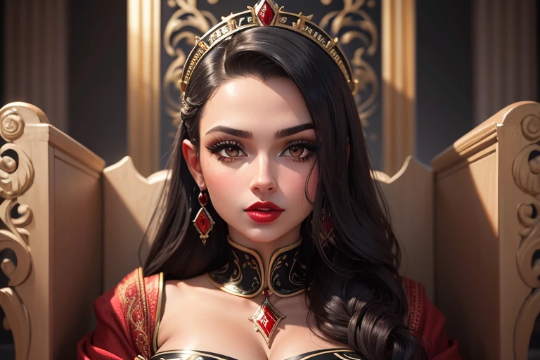 mulher muito bonita, rosto arredondado, thick lips, Red lips, Etnia europeia, cabelo preto, olhos azuis gostosa sentada em um trono de luxo