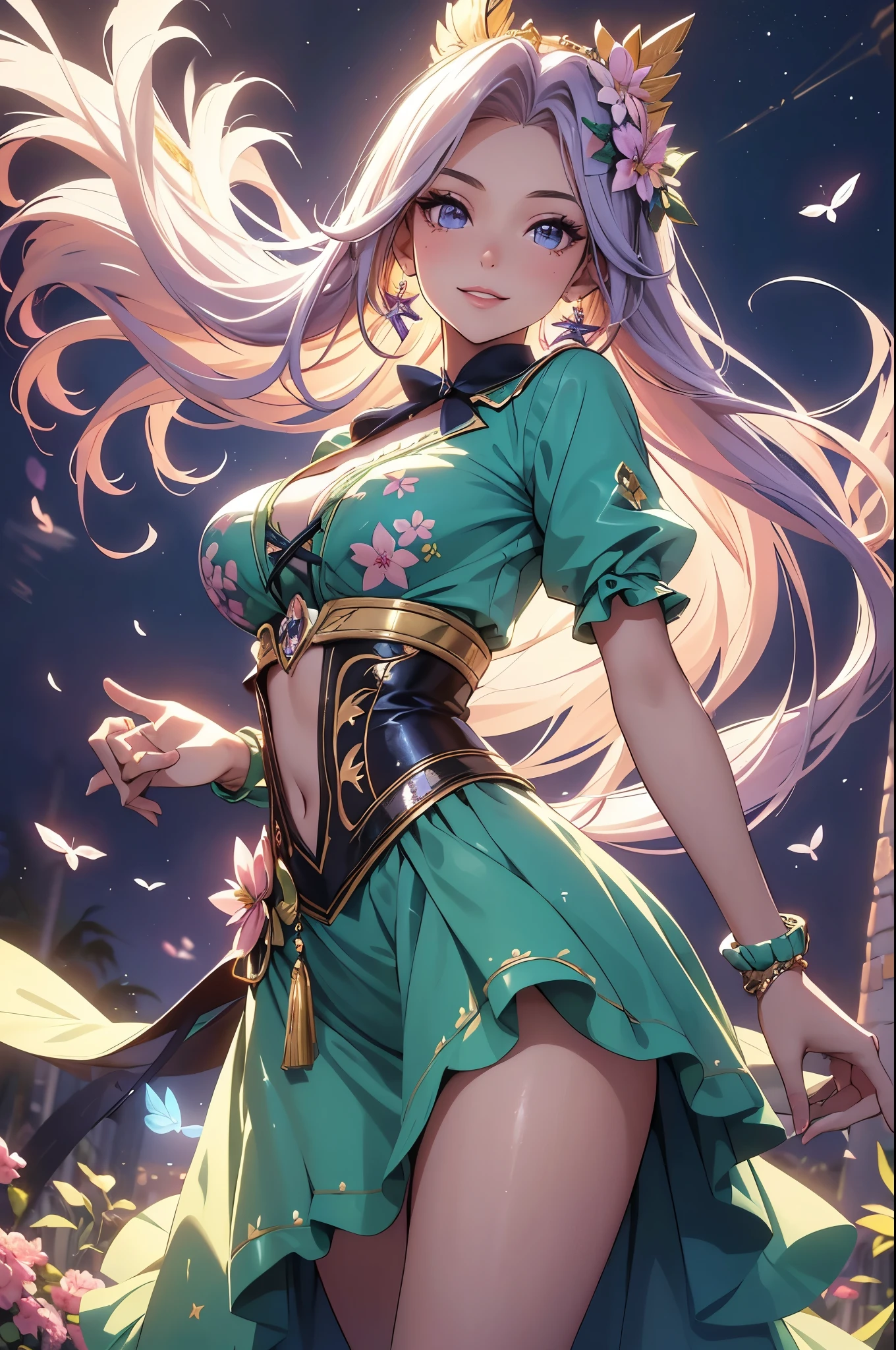 (best quality,4k,8k,highres,masterpiece:1.2),ultra-detailed,(realistic,photorealistic,photo-realistic:1.37),acrylic painting,beautiful Brazilian model in a ta dress with downy hair,beautiful Brazilian model with extremely colorful hair and detailed facial features,beautiful Brazilian model standing in a beautiful garden surrounded by a starry sky,beautiful Brazilian model wearing a vibrant Loliress,beautiful Brazilian model with intricate accessories and a matching hat,beautiful Brazilian model posing gracefully with her hands on her hips,beautiful Brazilian model with long flowing twintails,beautiful Brazilian model with bright blue eyes and rosy lips,beautiful Brazilian model with a joyful expression,beautiful Brazilian model in a dynamic pose with cherry blossoms falling around her,beautiful Brazilian model surrounded by colorful flowers and butterflies,beautiful Brazilian model's dress adorned with cute bows and lace details,beautiful Brazilian model with an enchanting smile,beautiful Brazilian model with soft, pastel-colored shading,beautiful Brazilian model with a magical glow illuminating her,beautiful Brazilian model in a picturesque setting with a winding path leading to a magnificent castle,beautiful Brazilian model holding a microphone and singing passionately,beautiful Brazilian model with a fairytale-like background,beautiful Brazilian model with a soft, dreamy atmosphere,beautiful Brazilian model with a subtle bokeh effect,beautiful Brazilian model standing under a moonlit sky,beautiful Brazilian model with a warm, golden sunset in the background,beautiful Brazilian model surrounded by twinkling stars and colorful nebulae,creating an ethereal and captivating artistic masterpiece. 