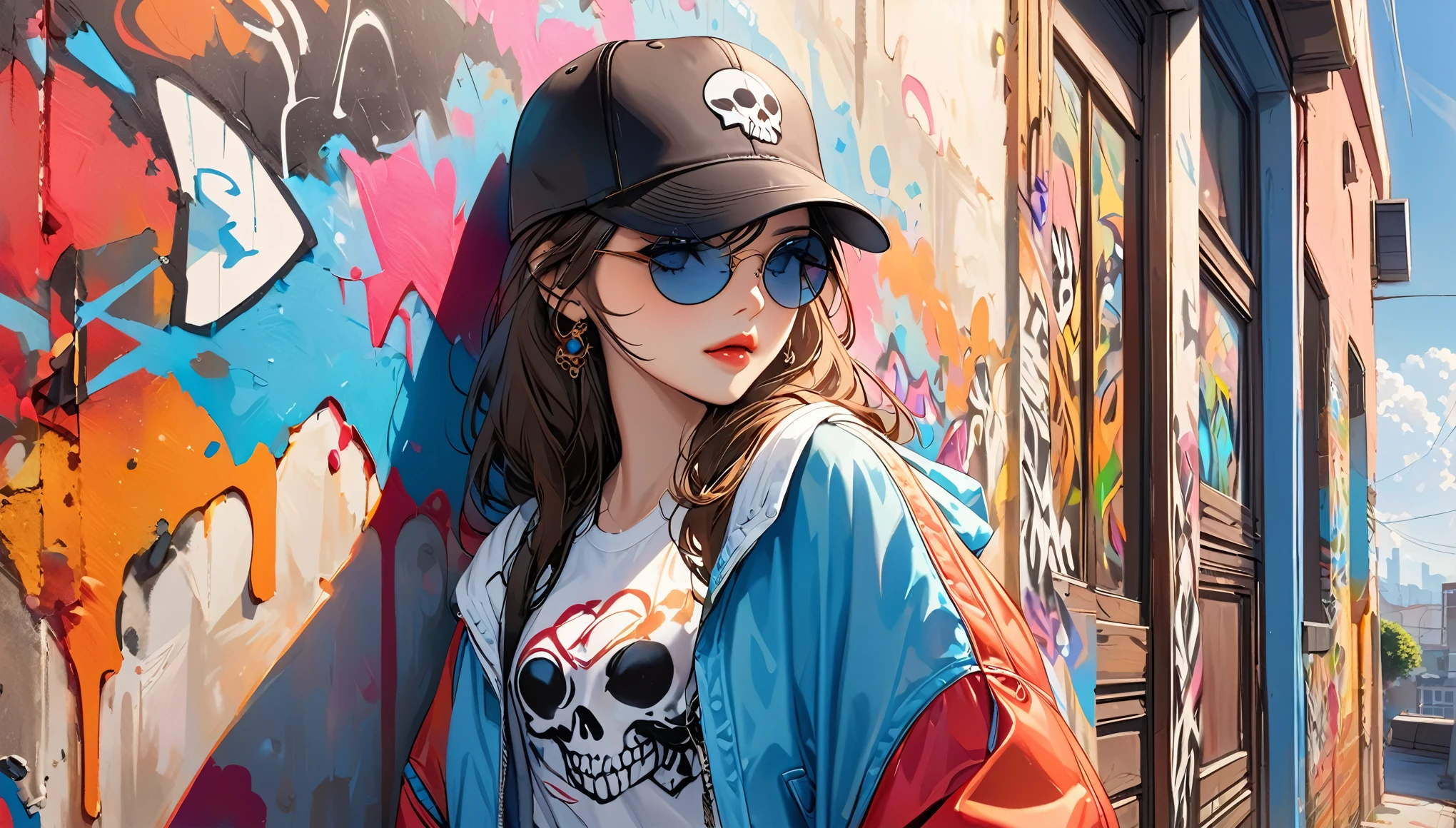 8K resolution、((of the highest quality))、((Obra maestra))、((super detailed))、1 hembra、alone、incredibly absurd、 (((the most beautiful girl of all time))), (((gafas de sol con estilo))), labios enamorados, Gorra elegante,pelo corto、small breasts, ((skull(pared de arte graffiti))), cabello colorido, provocativo