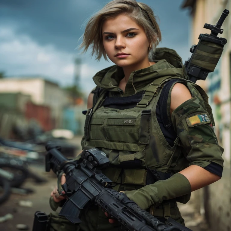 hyper realistic photography, an edgy cute russian girl 18-years old, with frackles & band aid on her nose, blue short hair, wearing soldier helmet with googles & full of badges, cool intense expression, big breast, cleavage, wear white brassiere with lace & military vest complete with pocket weaponry, wear blue jeans shortpants raw cut, with net stockings & wear military boot, cool posing and hold a cool weapon M-16 machinery, background street alley raw with graffiti-style raw, good anatomy hand, body & fingers --v 6.0