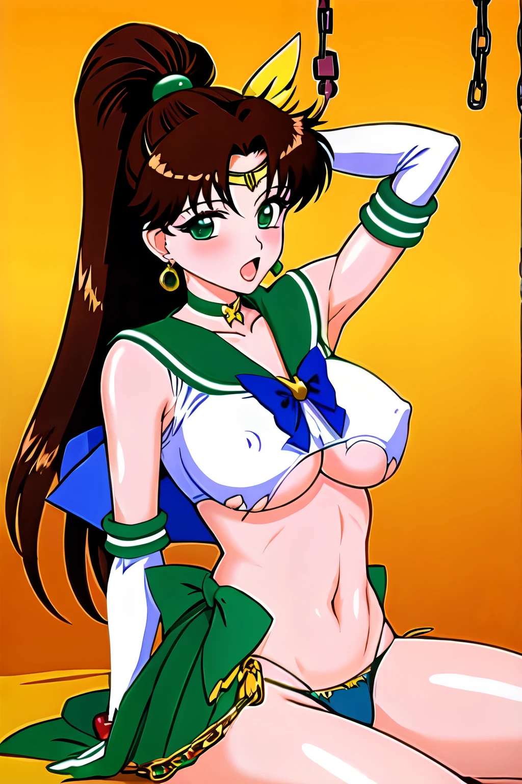 1girl,back bow,bdsm,bondage,bound,bow,breasts,brown hair,chain,chained,choker,collar,content rating,cover,cover page,covered nipples,cuffs,doujin cover,earrings,elbow gloves,gloves,green background,green eyes,green sailor collar,hair bobbles,hair ornament,handcuffs,high heels,jewelry,kino makoto,large breasts,leash,long hair,magical girl,open mouth,ponytail,sailor collar,sailor jupiter,sailor senshi uniform,shackles,side-tie panties,sitting,solo,tiara,torn clothes,torn legwear,torn panties,torn shirt,white gloves