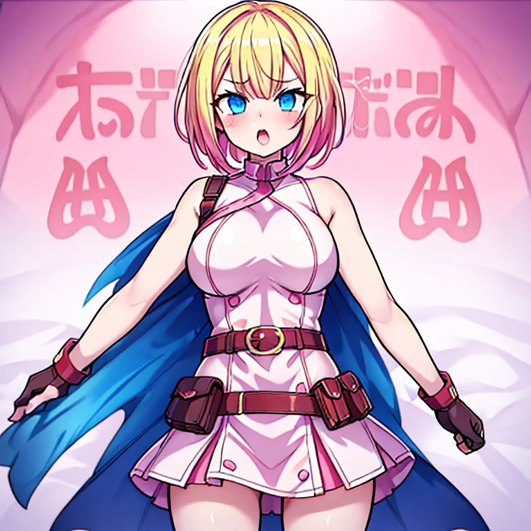 gwenpool, 1girl, weapon, blonde hair, multicolored hair, solo, blue eyes, sword, pouch, superhero, short hair, gradient hair, open mouth, belt, two-tone hair, pink hair, breasts, gloves, belt pouch