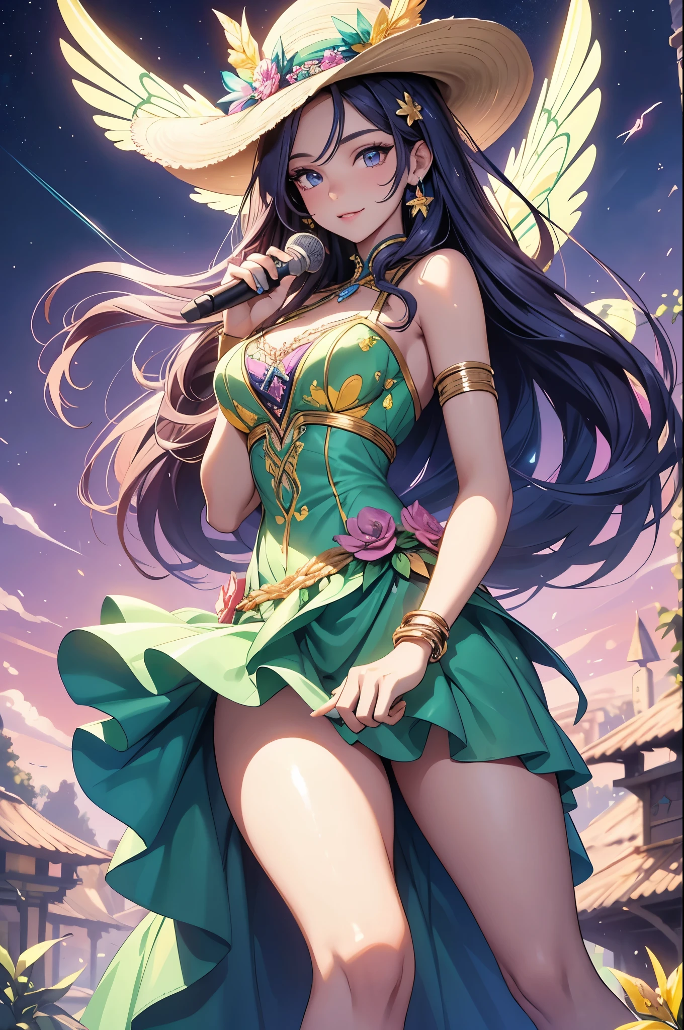 (best quality,4k,8k,highres,masterpiece:1.2),ultra-detailed,(realistic,photorealistic,photo-realistic:1.37),acrylic painting,beautiful Brazilian model in a Lolita dress with downy hair,beautiful Brazilian model with extremely colorful hair and detailed facial features,beautiful Brazilian model standing in a beautiful garden surrounded by a starry sky,beautiful Brazilian model wearing a vibrant Lolita dress,beautiful Brazilian model with intricate accessories and a matching hat,beautiful Brazilian model posing gracefully with her hands on her hips,beautiful Brazilian model with long flowing twintails,beautiful Brazilian model with bright blue eyes and rosy lips,beautiful Brazilian model with a joyful expression,beautiful Brazilian model in a dynamic pose with cherry blossoms falling around her,beautiful Brazilian model surrounded by colorful flowers and butterflies,beautiful Brazilian model's dress adorned with cute bows and lace details,beautiful Brazilian model with an enchanting smile,beautiful Brazilian model with soft, pastel-colored shading,beautiful Brazilian model with a magical glow illuminating her,beautiful Brazilian model in a picturesque setting with a winding path leading to a magnificent castle,beautiful Brazilian model holding a microphone and singing passionately,beautiful Brazilian model with a fairytale-like background,beautiful Brazilian model with a soft, dreamy atmosphere,beautiful Brazilian model with a subtle bokeh effect,beautiful Brazilian model standing under a moonlit sky,beautiful Brazilian model with a warm, golden sunset in the background,beautiful Brazilian model surrounded by twinkling stars and colorful nebulae,creating an ethereal and captivating artistic masterpiece. 