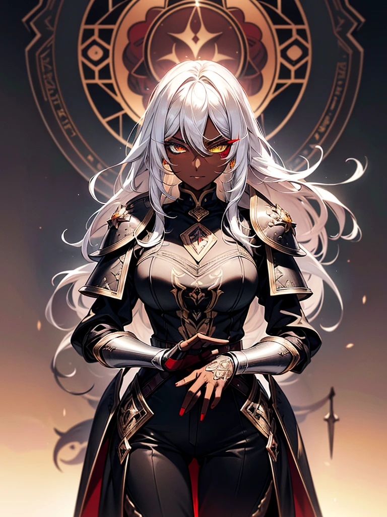 (masterpiece, best quality), (Official art, masterpiece, 8k, ultra-detailed), ultra-detailed, photo of a beautiful 32 year old woman, ((dark skin)), white hair, wearing round glasses on her face, eyes red and yellow, wearing a tight black jumpsuit, with light armor, large, ultra-detailed breasts, (ultra-detailed face), (1 dark-skinned woman), long white hair, ((((Heterochromia in eyes, ultra-detailed red and yellow eyes)))), (very detailed eyes: 1,2), (((detailed red and yellow eyes))), heterochromia of red and yellow eyes very well presented, (wearing round glasses on the face very detailed: 1,2), well designed glasses, ((gauntlets and high heel boots)), witch items, belts, (ideal body proportion), ((black jumpsuit with light armor)), ultra detailed character, wallpaper, pinterest, Fantasy Art, (Fantasy art), fantasy scene, (medieval magic village), wallpaper, pinterest, front photo, exterior, cinematic photo, natural light, beach photo, wallpaper, pinterest, badass image, perfect photo, volumetric lighting