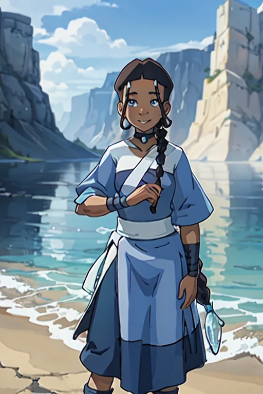 realistic, photo, 1girl, dark skin, dark-skinned female, blue eyes, braid, choker, jewelry, looking at viewer, smile,  waterbending, katara, 