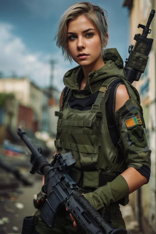 hyper realistic photography, an edgy cute russian girl 18-years old, with frackles & band aid on her nose, blue short hair, wearing soldier helmet with googles & full of badges, cool intense expression, big breast, cleavage, wear white brassiere with lace & military vest complete with pocket weaponry, wear blue jeans shortpants raw cut, with net stockings & wear military boot, cool posing and hold a cool weapon M-16 machinery, background street alley raw with graffiti-style raw, good anatomy hand, body & fingers --v 6.0