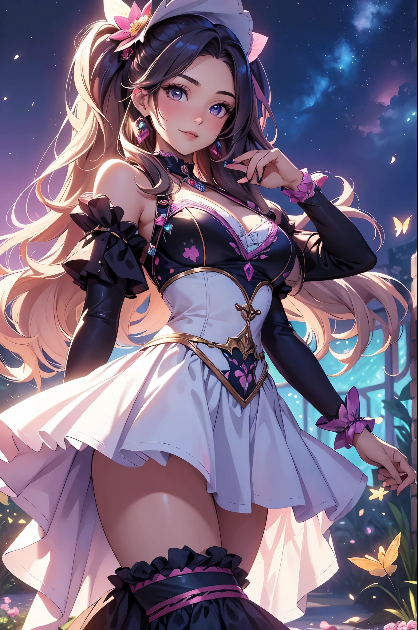 (best quality,4k,8k,highres,masterpiece:1.2),ultra-detailed,(realistic,photorealistic,photo-realistic:1.37),acrylic painting,beautiful Brazilian model in a Lolita dress with downy hair,beautiful Brazilian model with extremely colorful hair and detailed facial features,beautiful Brazilian model standing in a beautiful garden surrounded by a starry sky,brown hair,beautiful Brazilian model wearing a vibrant Lolita dress,beautiful Brazilian model with intricate accessories,cat ears,beautiful Brazilian model posing gracefully with her hands on her hips,beautiful Brazilian model with long flowing twintails,beautiful Brazilian model with bright blue eyes and rosy lips,beautiful Brazilian model with a joyful expression,beautiful Brazilian model in a dynamic pose with cherry blossoms falling around her,beautiful Brazilian model surrounded by colorful flowers and butterflies,beautiful Brazilian model's dress adorned with cute bows and lace details,beautiful Brazilian model with an enchanting smile,beautiful Brazilian model with soft, pastel-colored shading,beautiful Brazilian model with a magical glow illuminating her,beautiful Brazilian model in a picturesque setting with a winding path leading to a magnificent castle,beautiful Brazilian model holding a microphone and singing passionately,beautiful Brazilian model with a fairytale-like background,beautiful Brazilian model with a soft, dreamy atmosphere,beautiful Brazilian model with a subtle bokeh effect,beautiful Brazilian model standing under a moonlit sky,beautiful Brazilian model with a warm, golden sunset in the background,beautiful Brazilian model surrounded by twinkling stars and colorful nebulae,creating an ethereal and captivating artistic masterpiece.