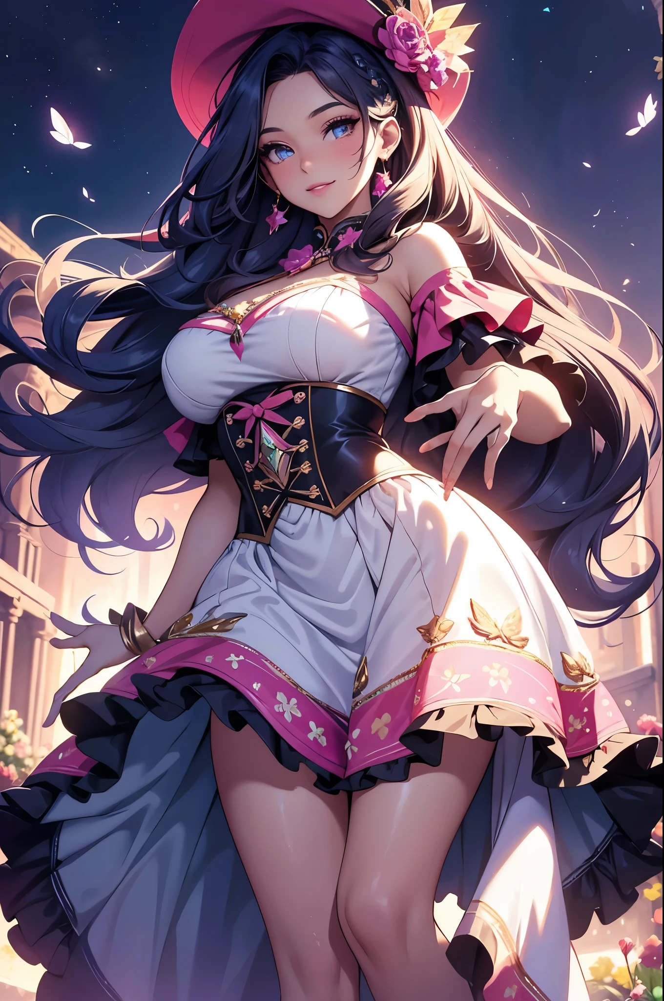 High resolution:1.2, best quality, perfect face, perfect anatomy, expressive eyes, fantasy landscape, 1girl, cute arachne, cute spider goddess, full body, medium breasts, white hair with highlights, black hair, long hair, pointed ears, red eyes, sexy dress, blue eyes, headgear, 8-legged spider