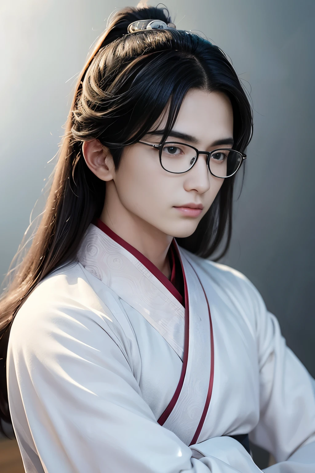 a 20 years-old young man, handsome, cute, ((wearing hanfu clothes)), chinese traditional cloth, round glasses, (tiring face expression) , long hair, (cold eyes' sight),(bright eyes ),gradient eyes, (real and anime style), cinematic lighting, depth of field, depth of field, depth of field, depth of field, depth of field, ray tracing, reflection light, masterpiece, high details, high quality, 1080P, HD, best quality, highres, anatomically correct
