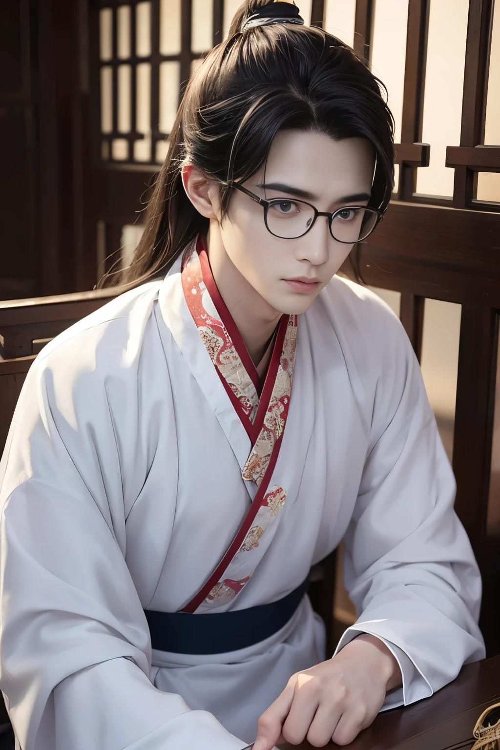 a 20 years-old young man, handsome, cute, ((wearing hanfu clothes)), chinese traditional cloth, round glasses, (tiring face expression) , long hair, (cold eyes' sight),(bright eyes ),gradient eyes, (real and anime style), cinematic lighting, depth of field, depth of field, depth of field, depth of field, depth of field, ray tracing, reflection light, masterpiece, high details, high quality, 1080P, HD, best quality, highres, anatomically correct
