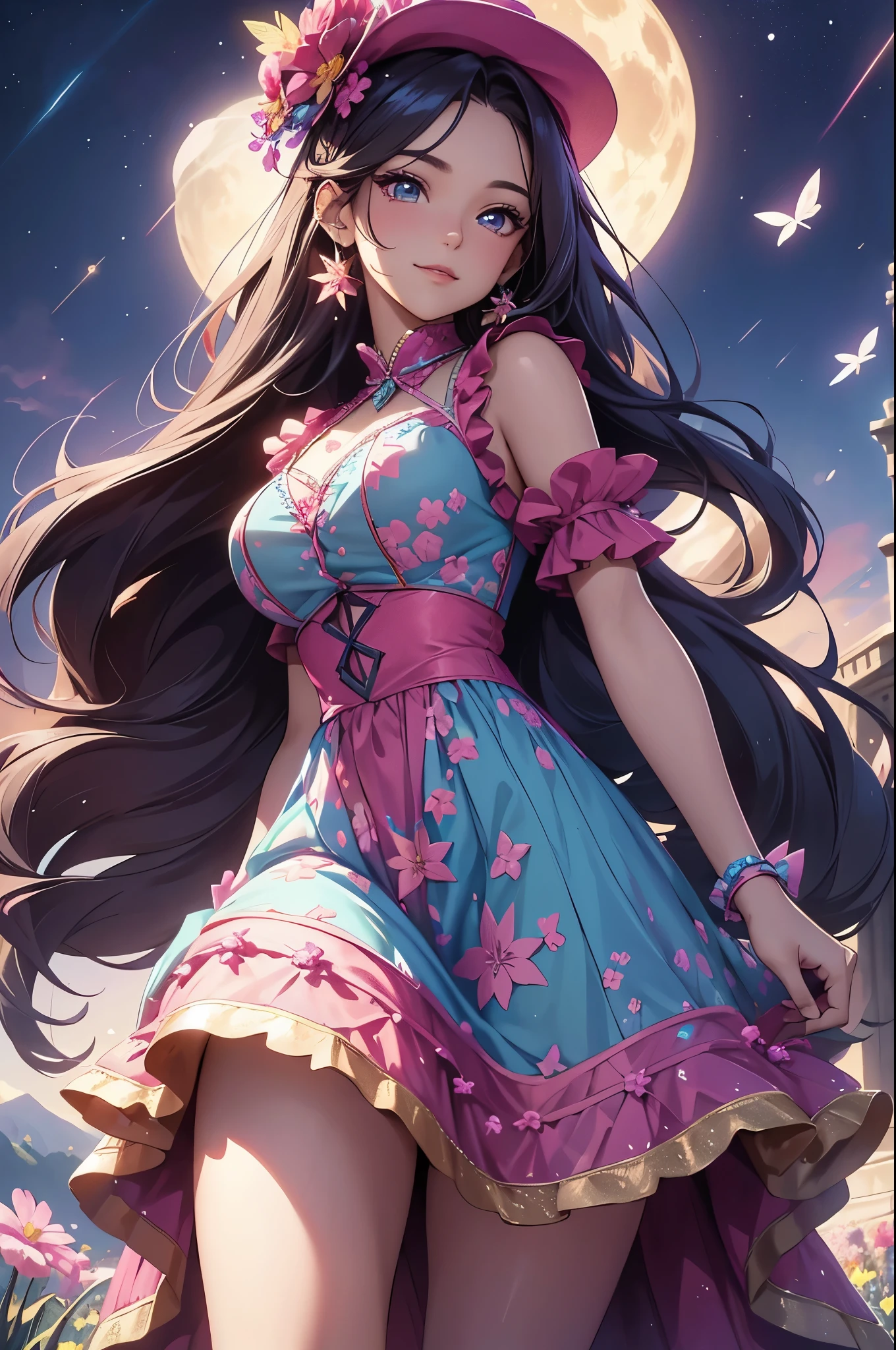 (best quality,4k,8k,highres,masterpiece:1.2),ultra-detailed,(realistic,photorealistic,photo-realistic:1.37),acrylic painting,beautiful Latina model in a Lolita dress with downy hair,beautiful Latina model with extremely colorful hair and detailed facial features,beautiful Latina model standing in a beautiful garden surrounded by a starry sky,beautiful Latina model wearing a vibrant Lolita dress,beautiful Latina model with intricate accessories and a matching hat,beautiful Latina model posing gracefully with her hands on her hips,beautiful Latina model with long flowing twintails,beautiful Latina model with bright blue eyes and rosy lips,beautiful Latina model with a joyful expression,beautiful Latina model in a dynamic pose with cherry blossoms falling around her,beautiful Latina model surrounded by colorful flowers and butterflies,beautiful Latina model's dress adorned with cute bows and lace details,beautiful Latina model with an enchanting smile,beautiful Latina model with soft, pastel-colored shading,beautiful Latina model with a magical glow illuminating her,beautiful Latina model in a picturesque setting with a winding path leading to a magnificent castle,beautiful Latina model holding a microphone and singing passionately,beautiful Latina model with a fairytale-like background,beautiful Latina model with a soft, dreamy atmosphere,beautiful Latina model with a subtle bokeh effect,beautiful Latina model standing under a moonlit sky,beautiful Latina model with a warm, golden sunset in the background,beautiful Latina model surrounded by twinkling stars and colorful nebulae,creating an ethereal and captivating artistic masterpiece.