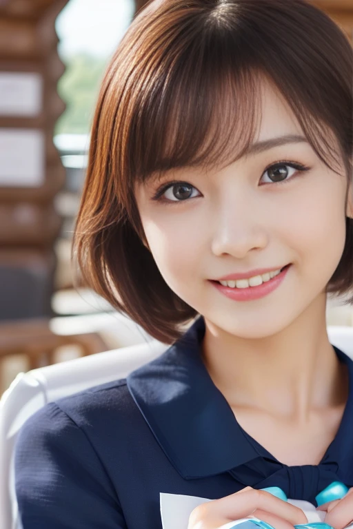 (anime,portrait,highly-detailed,photorealistic:1.2,best quality,4k,8k,highres,masterpiece:1.2), (ultra-detailed, realistic, photorealistic:1.37), (portrait of a young smiling Japanese girl with an innocent and super ultra cute expression, photorealistic style:1.2), (Close-up of her eyes with perfect, clear and beautiful details:2.0), (her eyes are extremely enchanting:1.5), (her baby-like face is exquisitely detailed, showing every fine feature:1.5), (She has a short hair:1.5), (neatly-styled hair enhances her charm:1.0), (She is a cabin attendant:2.0),(She is wearing a navy blue uniform:1.5), (looking both professional and captivating:1.5), (her radiant smile exudes joy and warmth:1.0), (the sunlight gently illuminates her pretty face, casting a gentle and warm lighting:1.25), the colors are vibrant, enhancing the overall vibrancy of the portrait:1.0.She is at the airport.