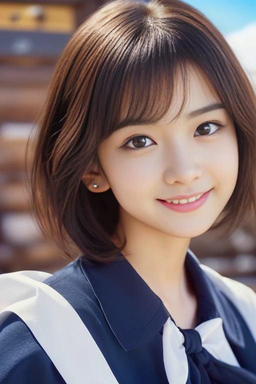 (anime,portrait,highly-detailed,photorealistic:1.2,best quality,4k,8k,highres,masterpiece:1.2), (ultra-detailed, realistic, photorealistic:1.37), (portrait of a young smiling Japanese girl with an innocent and super ultra cute expression, photorealistic style:1.2), (Close-up of her eyes with perfect, clear and beautiful details:2.0), (her eyes are extremely enchanting:1.5), (her baby-like face is exquisitely detailed, showing every fine feature:1.5), (She has a short hair:1.5), (neatly-styled hair enhances her charm:1.0), (She is a cabin attendant:2.0),(She is wearing a navy blue uniform:1.5), (looking both professional and captivating:1.5), (her radiant smile exudes joy and warmth:1.0), (the sunlight gently illuminates her pretty face, casting a gentle and warm lighting:1.25), the colors are vibrant, enhancing the overall vibrancy of the portrait:1.0.She is at the airport.