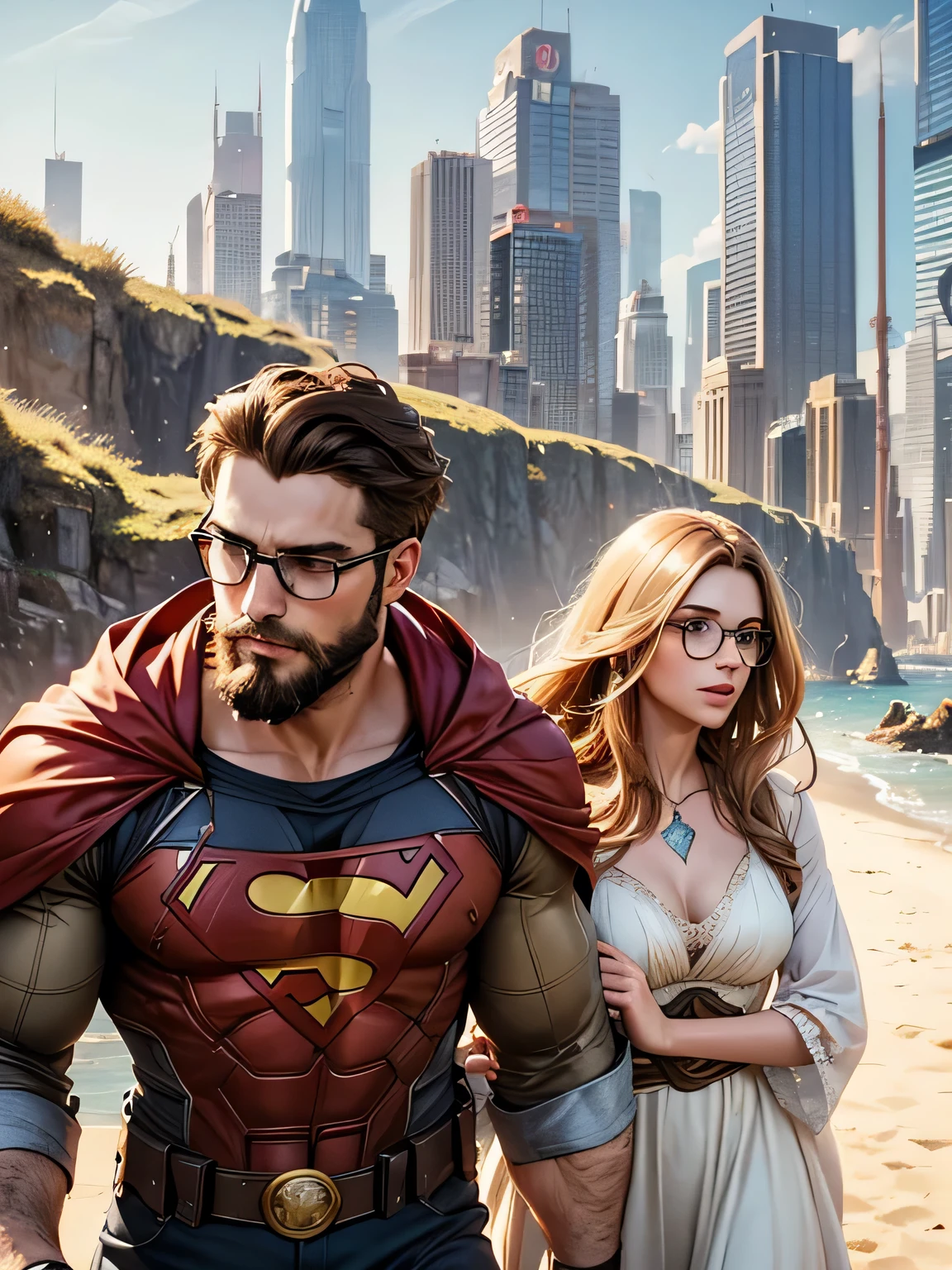 a couple, a man with a beard, brown hair and glasses, a young blonde woman, super hero clothes, super hero style, in a coastal landscape, with super heroes flying, skyscrapers