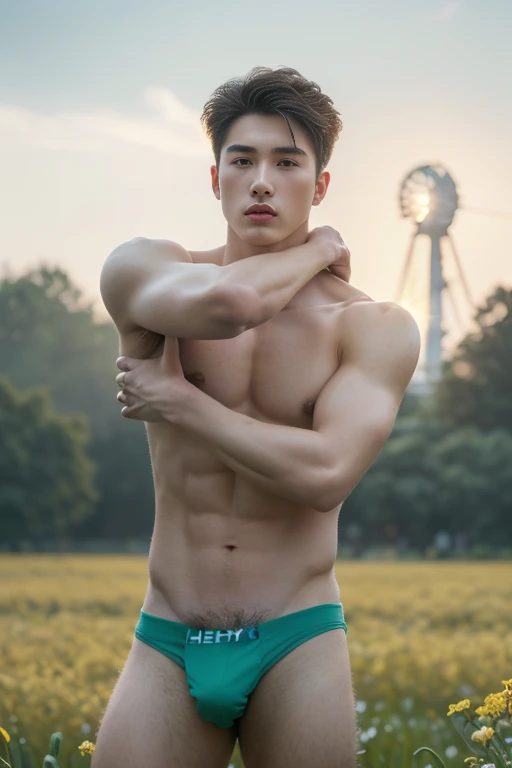 2Man, ((male model )) heaty skin, masterpiece, best quality, most handsome man in the world, by Shen Quan, prefect body, beautiful male model, an attractive man 18-24 years old aesthetic, at spring flower booming, green fields, spring, plains, trees, flower, blue sky, ruggedly handsome young man wearing a bikini, mascular, lifted arms, spread legs, pubes, ((smooth body)), super cute, dynamic pose, cool and seductive, dramatic lighting, full body shot, full body shot, youthful face, full body, body without hair, thin and tall, fit body, dominant, Caucasian or white skin, youthful face, firm body, high definition, natural flesh tones, soft light, highly detailed, looking at viewer, photography, detailed skin, real person, realistic, photo-realistic, insaetailed, face detail, hype maximalist, hype hyperrealism, cinematic, telephoto, lighting intricate details, highly detailed, highly detailed, digital painting, artstation, concept art, smooth, sharp focus, illustration, Unreal Engine 5, 8K, art by Ross Tran and greg rutkowski and alphonse Mucha, UHD, 8k, show only male.8k uhd, dslr, dim lighting, high quality, film grain, Fujifilm XT3, male only fan,2 mans, pair model.