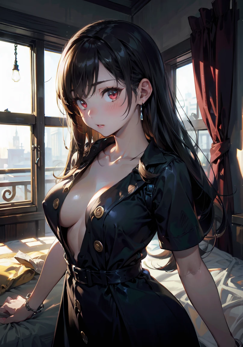((chibi)),masterpiece,highest quality,Very detailed,8k,
(((One Girl)))、Zhou Haoguang,warm color,Realistic Skin,Glowing Skin,bloom,High Contrast,cute、thin、
break、
(((Look Down、Cowboy shot with contrast、Dynamic Angle：1.3)))、silver chain diamond necklace、Bright red eyes、
break、
Lola Eyes、Lying in bed、Top-down Bottom-up、（Tifa FF7）、
break、
(((A loose shirt dress with large buttons)))、(((Bottomless)))、blush、Embarrassing、((Small breasts))、Accentuate your cleavage、（Erect nipples：0.8）