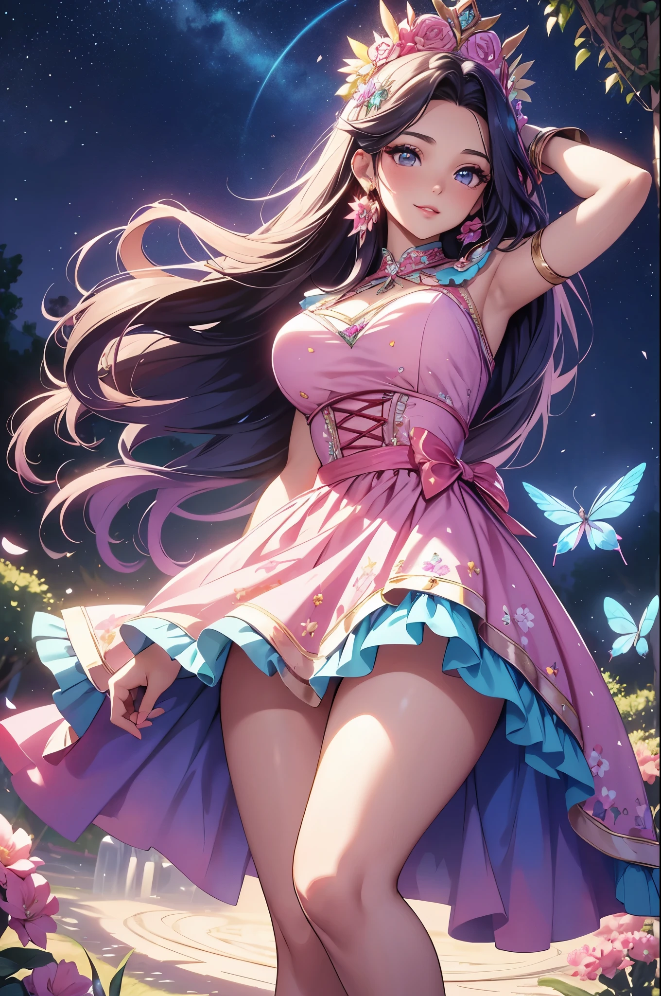A beautiful girl walking in a garden while contemplating the flowers, anime girl, (20 year old girl:1.3), beautiful garden full of flowers and trees, blue sky with white clouds, butterflies around, cute elegant dress, short sleeves, shows shoulders, heels, jewelry, (earrings, necklace, bracelet), big round breasts, dark brown hair, french braid, long hair, ponytail, wavy hair, swept bangs, shiny hair, hairclip, hair ribbon, aqua eyes, glowing eyes, pupils sparkling, light smile, blush, happy, red lips, detailed face, slim waist, shapely legs, beautiful thighs, perfect body, princess dress, anime CG style, high definition, natural light, high detail, anime, dithering, from behind, three quarter view, image fill, perspective, Wide-Angle, f/1.8, 85mm, Sony FE GM, 8k, 8k wallpaper, super detail, highly detailed CG, UHD, retina, masterpiece, accurate, anatomically correct, textured skin, highres, best quality:1.3, 16k